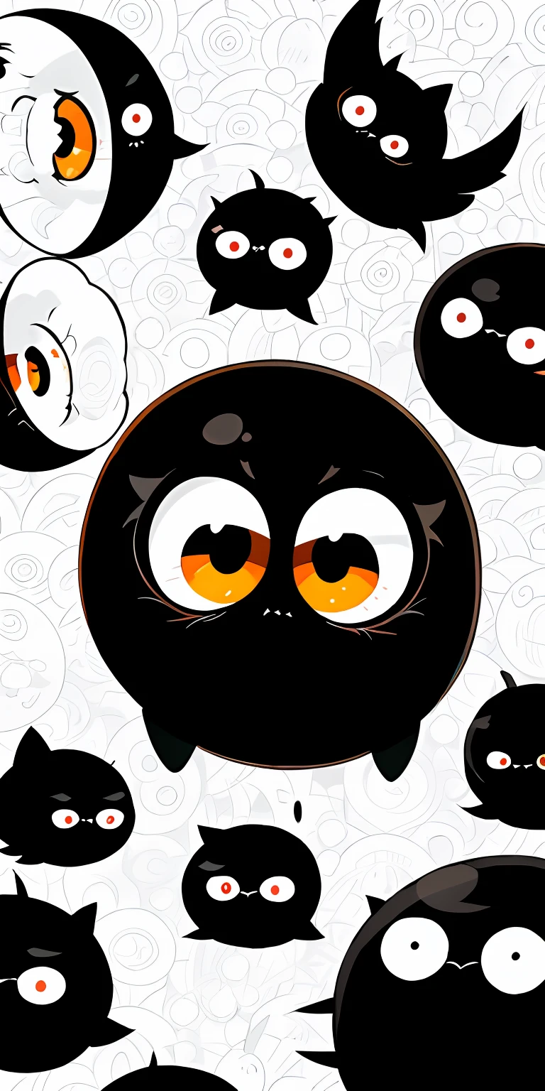 There are a lot of black and white cats with big eyes, bubble goth, black and white vector art, inspired by Taro Okamoto, black sokkel, cute pictoplasma, adorable digital art, large black eyes!!!, Multiple small black eyes, Cute detailed digital art, weird silly thing with big eyes, cute artwork, cute coronavirus creatures