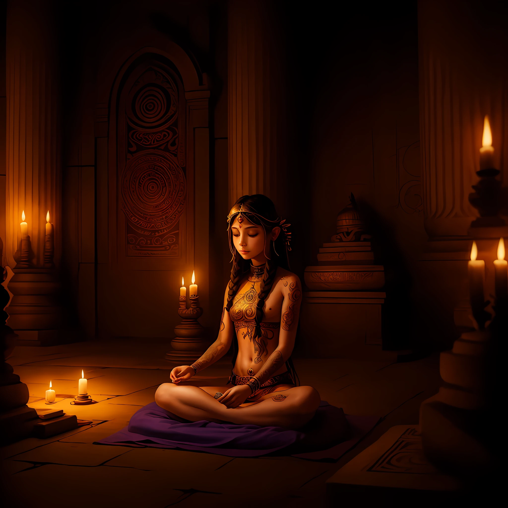 Young tantric priestess with tattoos and percings on her body meditating in a temple --auto