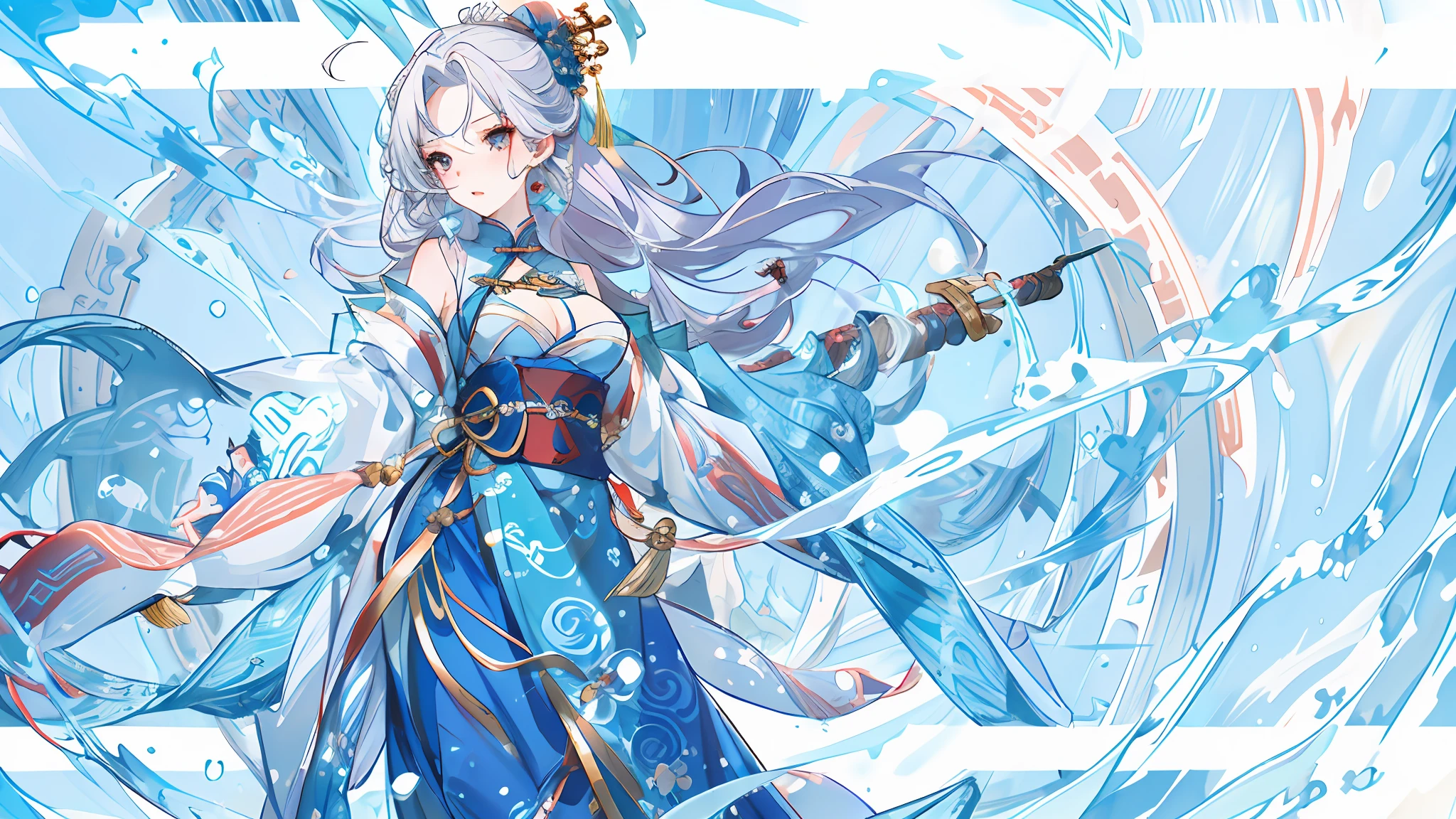 Exquisite facial features,Nice face,best qualtiy,tmasterpiece,ultra - detailed,swell sea,Buble,water flowing,one-girl,White color hair,blue skirts, Ancient Chinese clothing,National style background, 超高分辨率, 1girll, adolable,Raised sexy,Exposed flesh,seductiv, boobs exposed, childish looks, Kawaii face, Detailed skins,, Chinese ancient style, full bodyesbian, Slim,