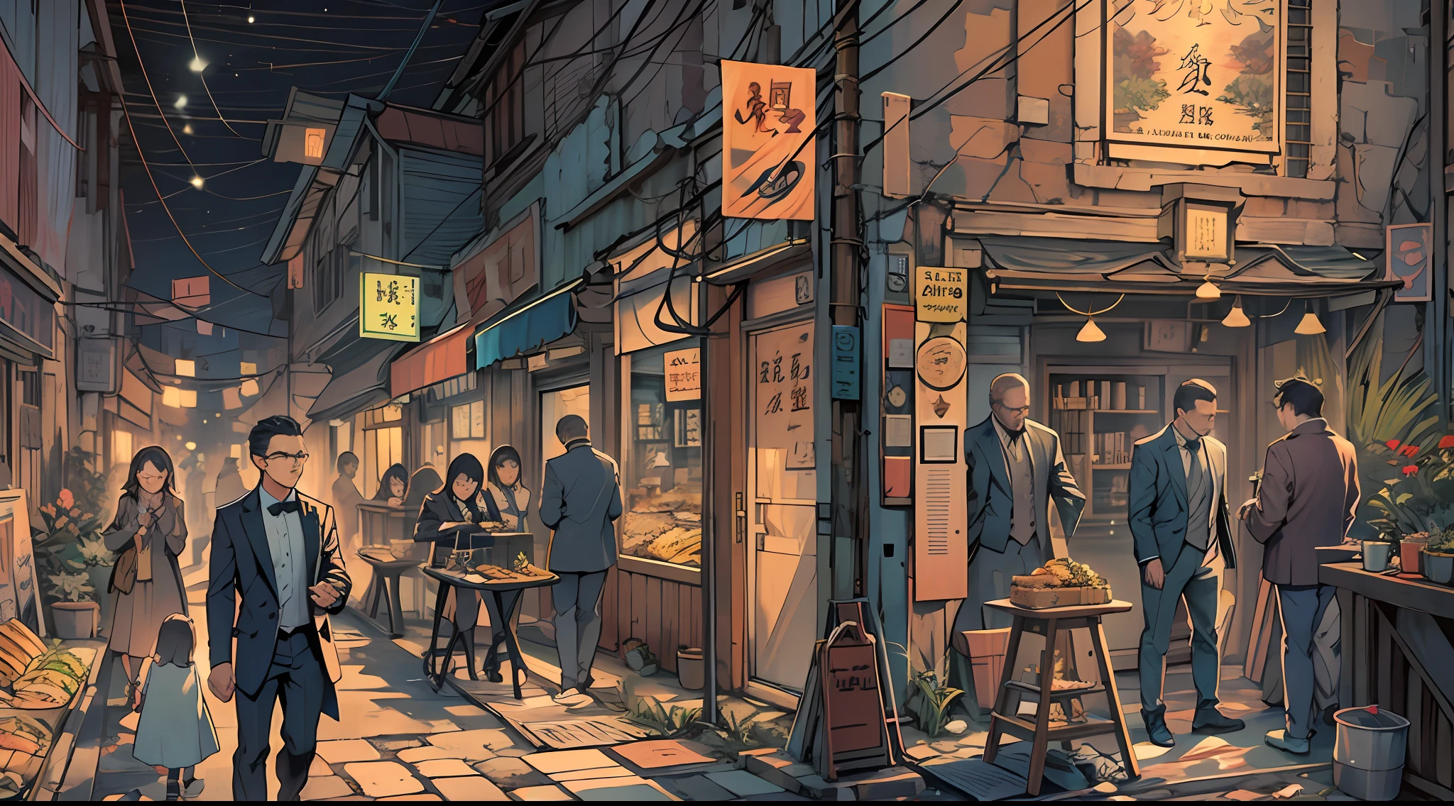 The end of the alley，A group of men walked in with cameras，Fill light in your hand，Wear yours front-on（Man in a suit:1.2）Take it(cameras:1.2)，The alleys are lined with various snack bars，Create a mysterious and lively atmosphere.,in the style of the stars art group xing xing, 16k, Best quality, Masterpiece, Super detail, High details