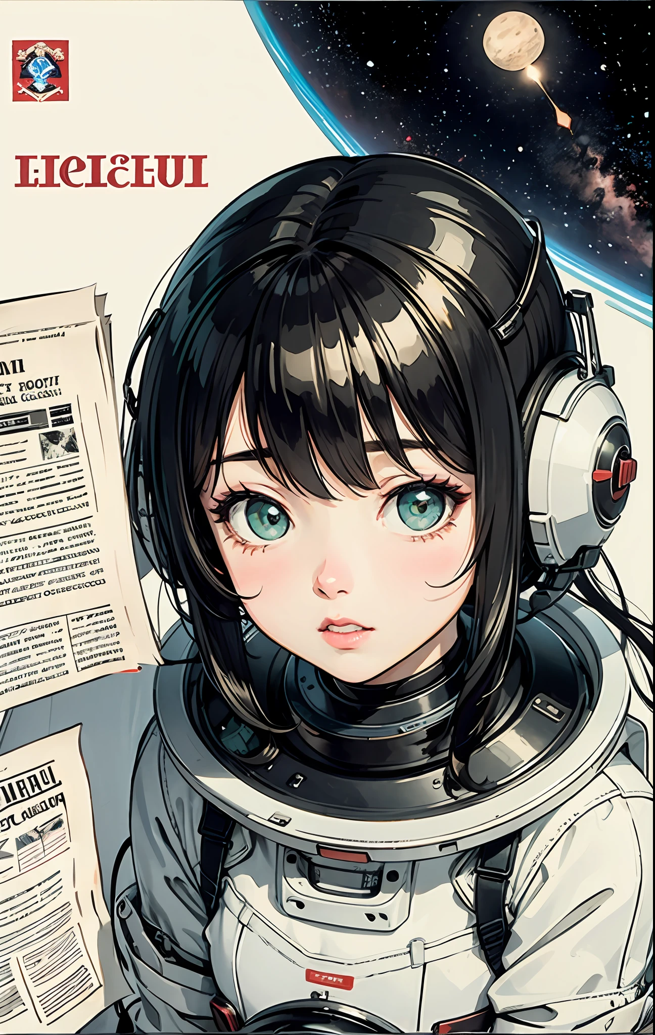 1girl, Gorgeous green eyes and details, shiny hair, Black hair, hair between the eyes, straight, Centered in the middle of the screen, looking up flat, cccp poster, On a coffee-colored sheet, old newspaper news style, soviet poster, Adolescent, USSR style, In outer space, star sea, the letters CCCP in red on the top of the helmet, weightlessness, side light, reflection, reflected sunlight, space suit