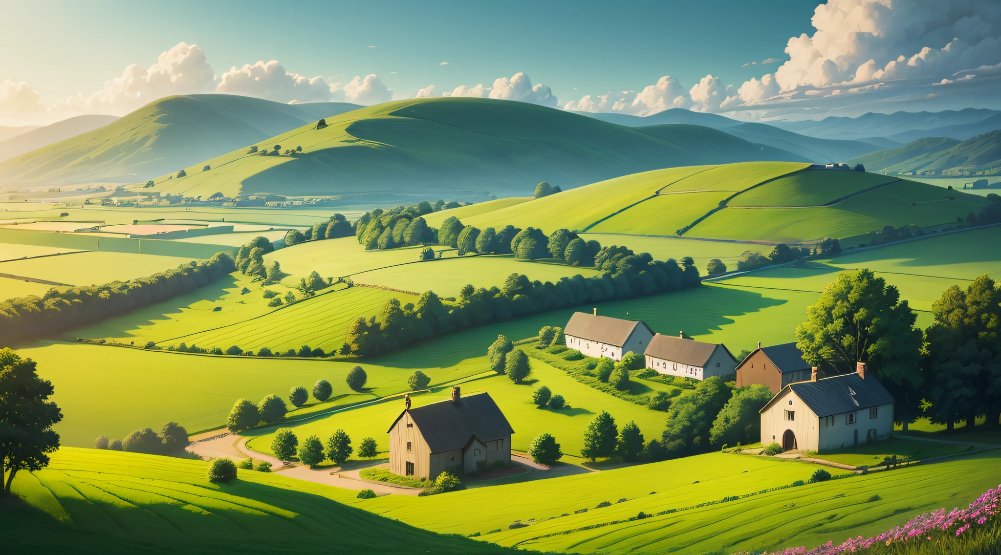 There is a cartoon picture of the farm, distant village background, Landscape illustration, field background, Landscape background, sunny landscape, distant villagescape, rays of sunshine. Digital illustration, scenery background, rural landscape, in a scenic background, green fields in the background, random background scene, farm background, scenic landscape, Color light green,Northern countryside, --auto