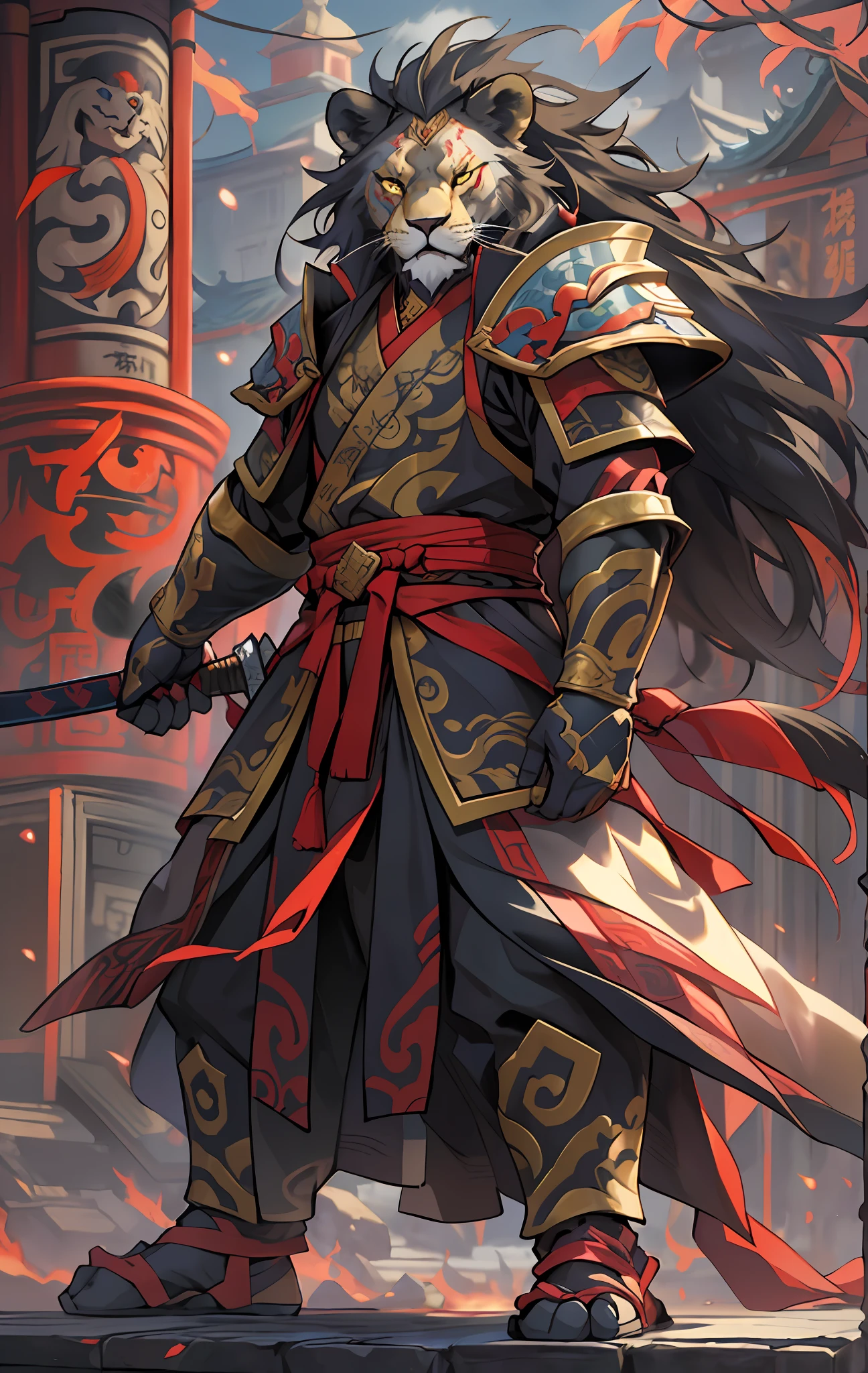 Lion warriors, Full body like，Close-up of lion warrior holding a sword in the city, Determined eyes，Fierce，Akira in Chinese mythology, an epic majestical degen trader, bian lian, by Yang J, Chinese Warrior, fire lion, Son Goku, cgsociety and fenghua zhong, inspired by Li Kan, epic samurai warrrior, Cat Warrior, lord of beasts, Red tattered cloak，Armour，Full body standing painting，Fantasy setting, character concept, character art, Character portrait, Cartoon, Best quality, Best resolution, 4K, Vivid colors, Vivid, High detail, best detail, confident pose, extrovert, look from down, Serious expression