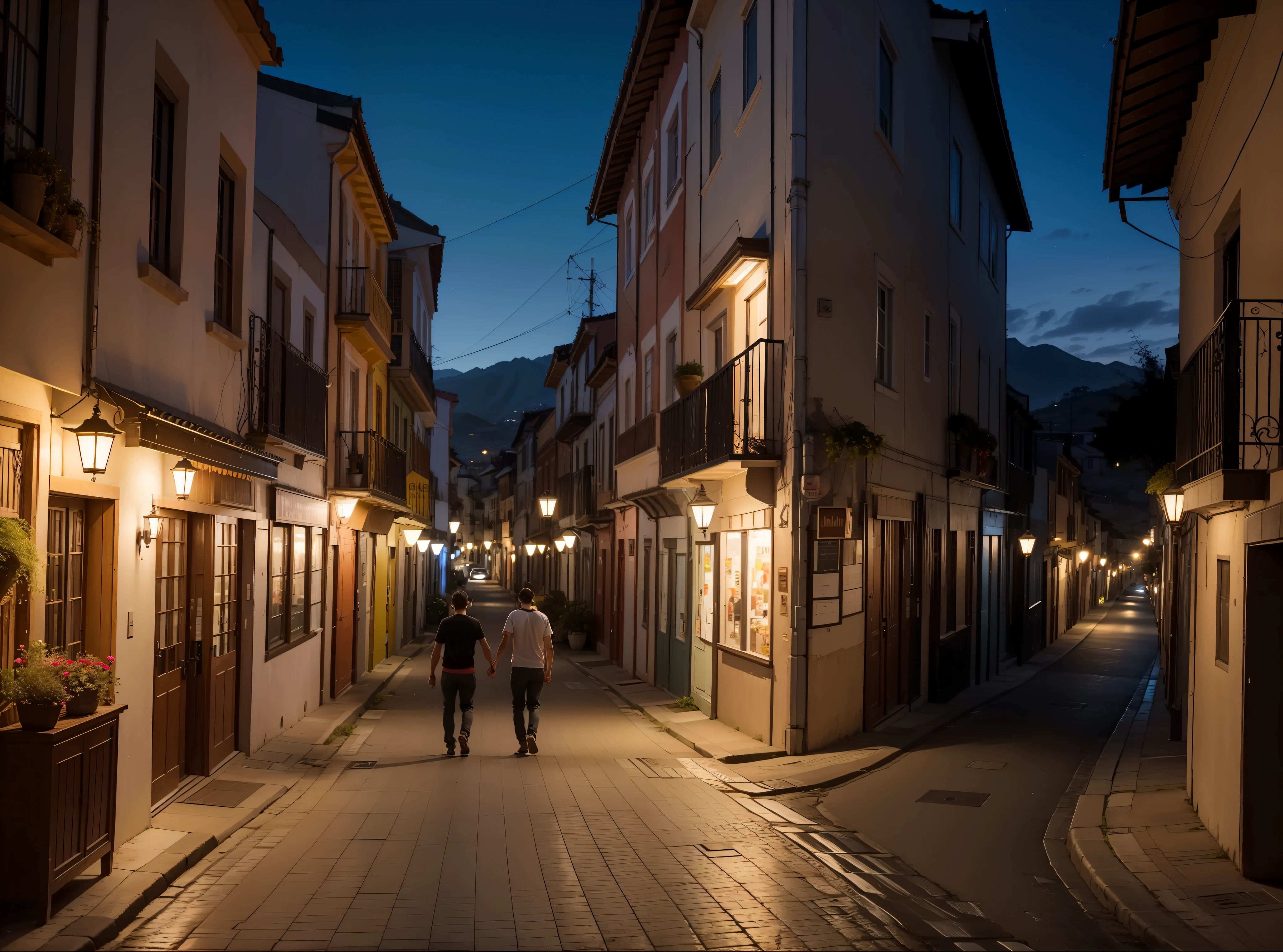 Dois jovens amigos caminhado na rua, visãoaérea, noite escura, cidade pequena, casas, postes de madeira, lampadas nos postes, 8k, maximum detailed, alta qualidade
