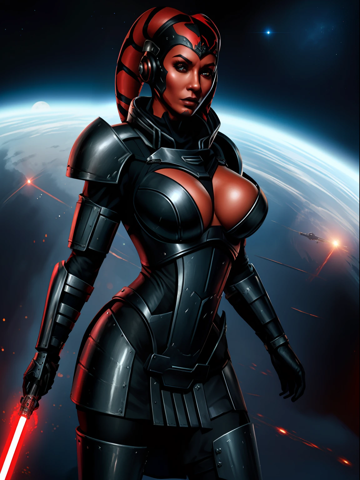((armor)), busty, ((red skin), twi'lek), dual red lightsabers, evil space knight, space ninja, (wearing heavy black armor, robes, black stealth armor, breastplate, tunic, tabard, cowl, cloak, body glove, straps, buckles, skirts, long sleeves, fantasy, ((armor))), ((busty), slender body, thin, slim sexy body, slim waist, ((gigantic breasts))), Imperial starship, Star Wars,