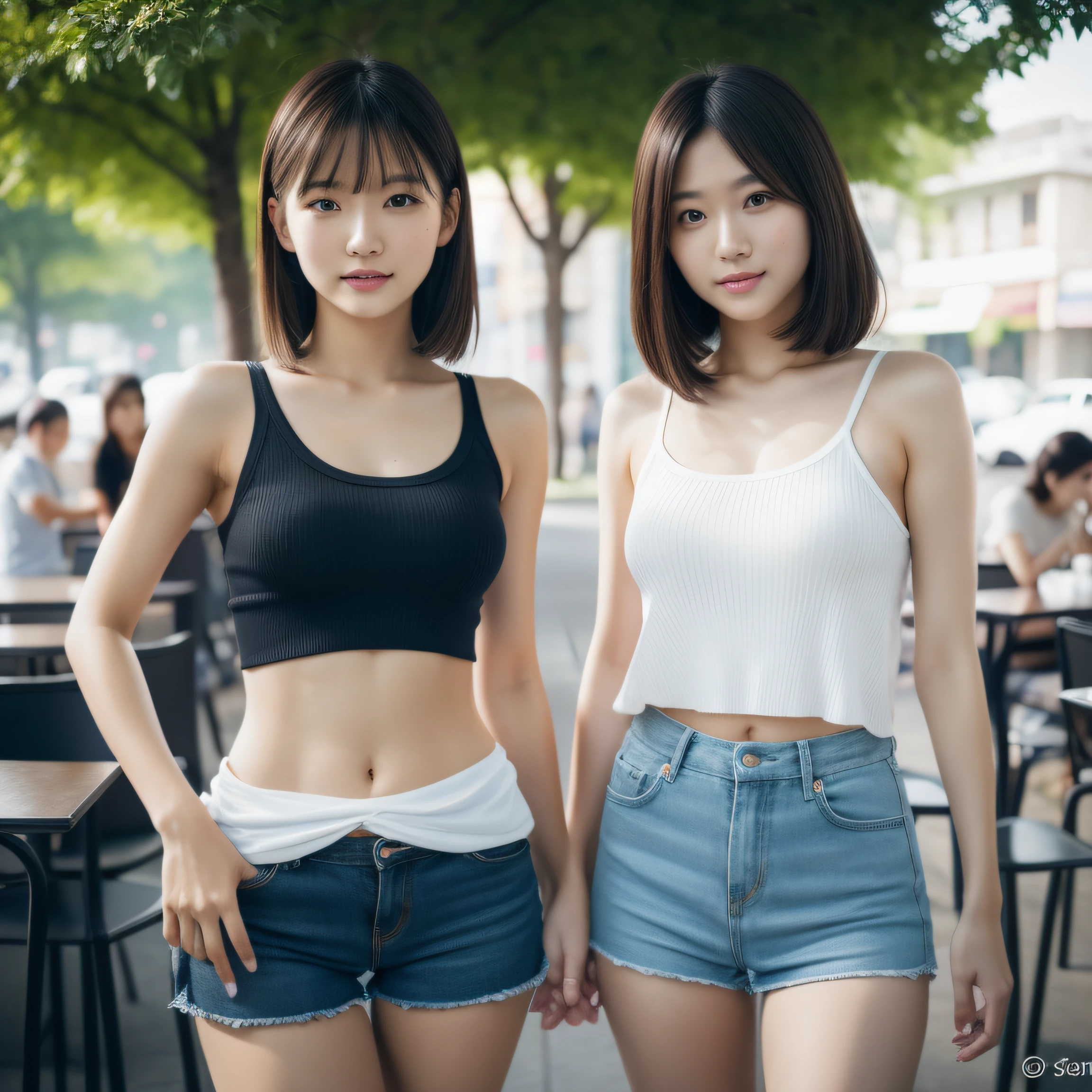 8K, masterpiece, best quality, photo realistic, ultra-detailed, 2 girls, Asian, athletic body, realistic skin texture, 1 girl long hair, 1 girl short hair, (breasts:1.0), (smile:0.8), gaze at viewer, tube top, hot pants shorts, micro mini skirt, movie lighting, face focus, fine eyes, detailed face, well lit face, day light, outdoor cafe in background, nice thighs
