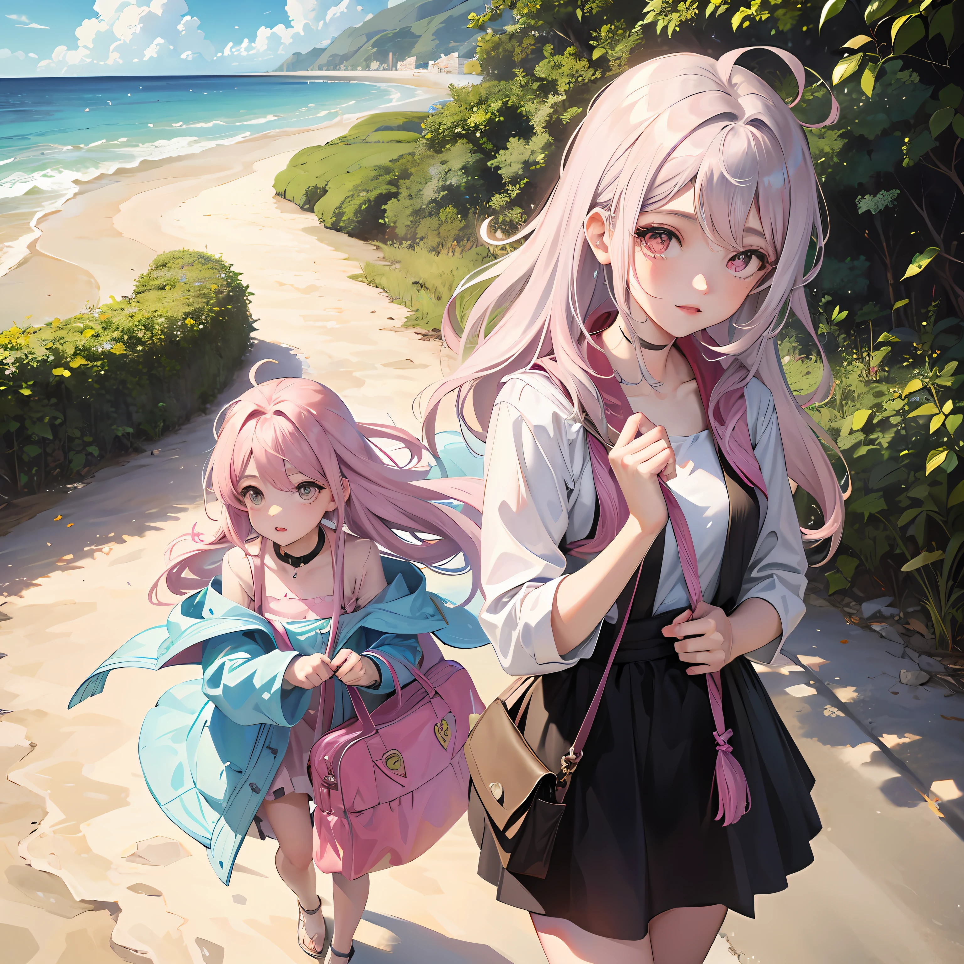Two girls,A gray hair,Another pink hair,sentado na praia。 --auto