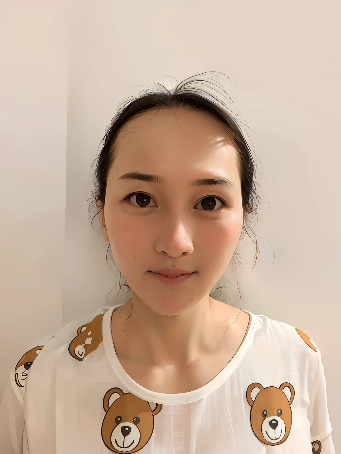 There was a woman wearing a white shirt，There is a brown bear on it, Korean symmetrical face, 2 8 years old, 2 9 years old, 2 7 years old, clean perfect symmetrical face, south east asian with round face, clear symmetrical face, Zhang Wanting, 3 2 - year - old, full face frontal centred, 38 years old, full face portrait --auto