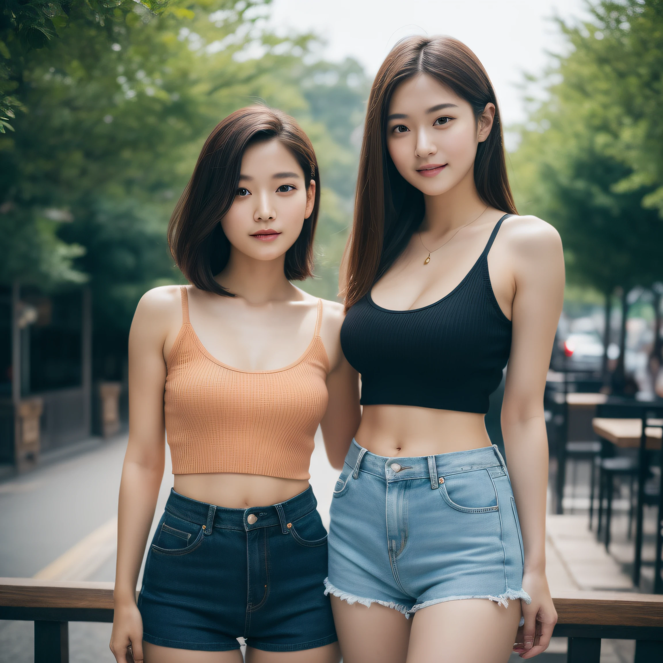 8K, masterpiece, best quality, photo realistic, ultra-detailed, 2 girls, Asian, athletic body, realistic skin texture, 1 girl long hair, 1 girl short hair, (breasts:1.0), (smile:0.8), gaze at viewer, tube top, hot pants shorts, micro mini skirt, movie lighting, face focus, fine eyes, detailed face, well lit face, day light, outdoor cafe in background, nice thighs