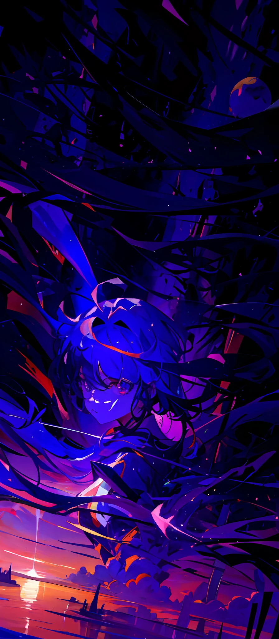 purple and blue abstract painting of a sunset with a bird flying over it, Jen Bartel, Estilo de arte ufotable, estilo anime 4K, Anime Girl with Cosmic Hair, Alice X. Zhang, Digital anime illustration, pintura digital | intrincado, arte de anime digital detalhada, arte de anime digital, arte abstrata de anime, estilo de arte impressionante, ufotable studio art style