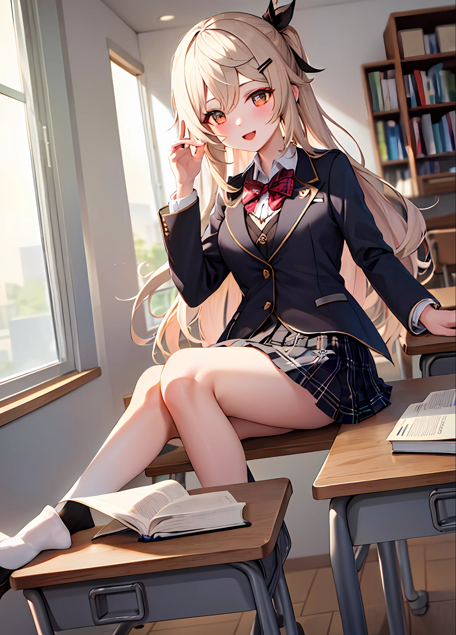 best quality, ((masterpiece)),extremely details, ultra high res, illustration,1girl,lumine \(genshin impact\),skirt, jacket, plaid_skirt, plaid, desk, blazer, solo, book, classroom, school_desk, hair_ornament, indoors, school_uniform,looking_at_viewer, pleated_skirt, blush, window, black_jacket, shirt, long_sleeves, mole, hairclip, collared_shirt