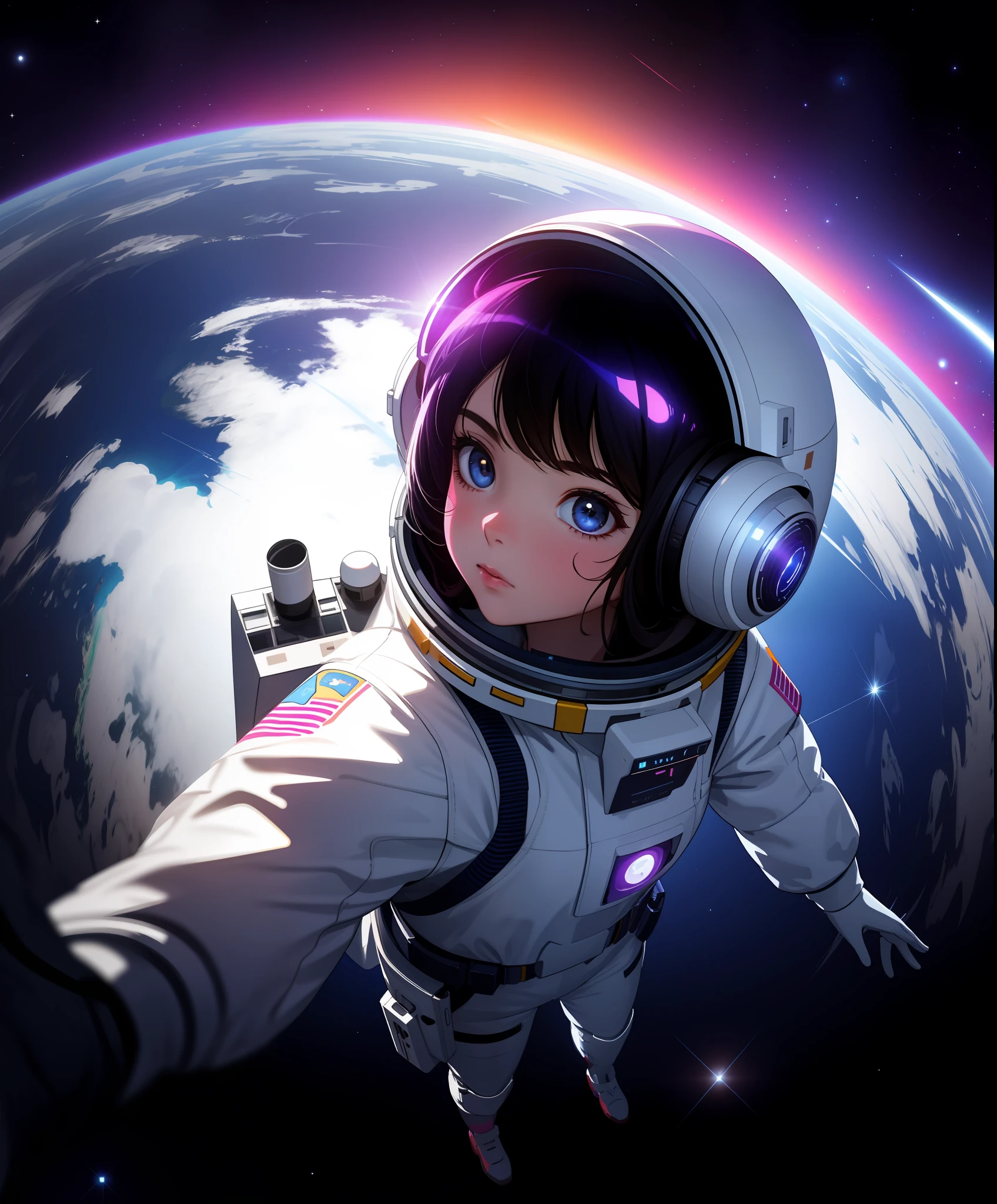 shot from above, 1girl, space suit, eye contact, in space, galaxy, synthwave