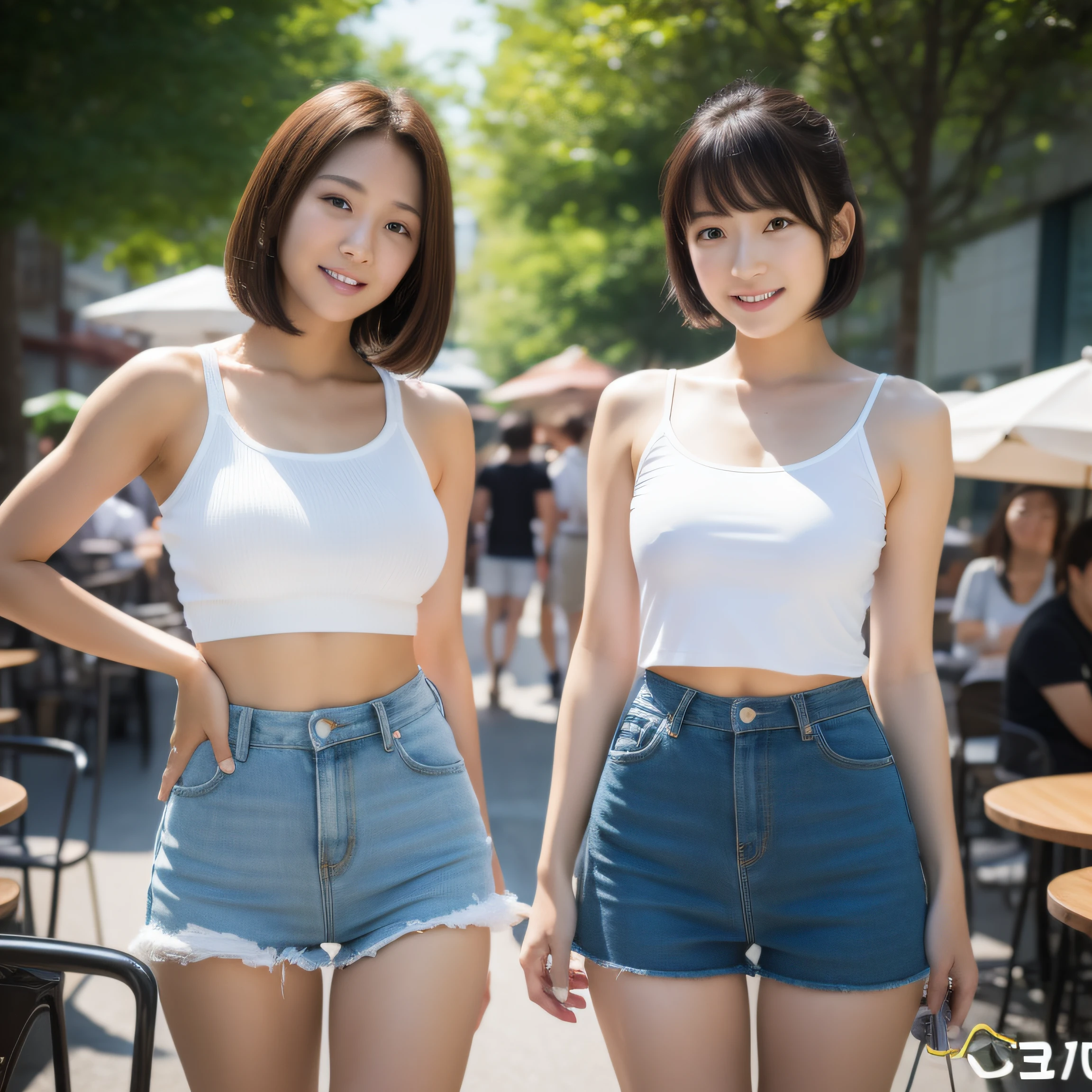 8K, masterpiece, best quality, photo realistic, ultra-detailed, 2 girls, Asian, athletic body, realistic skin texture, 1 girl long hair, 1 girl short hair, (breasts:1.0), (smile:0.8), gaze at viewer, tube top, hot pants shorts, micro mini skirt, movie lighting, face focus, fine eyes, detailed face, well lit face, day light, outdoor cafe in background, nice thighs