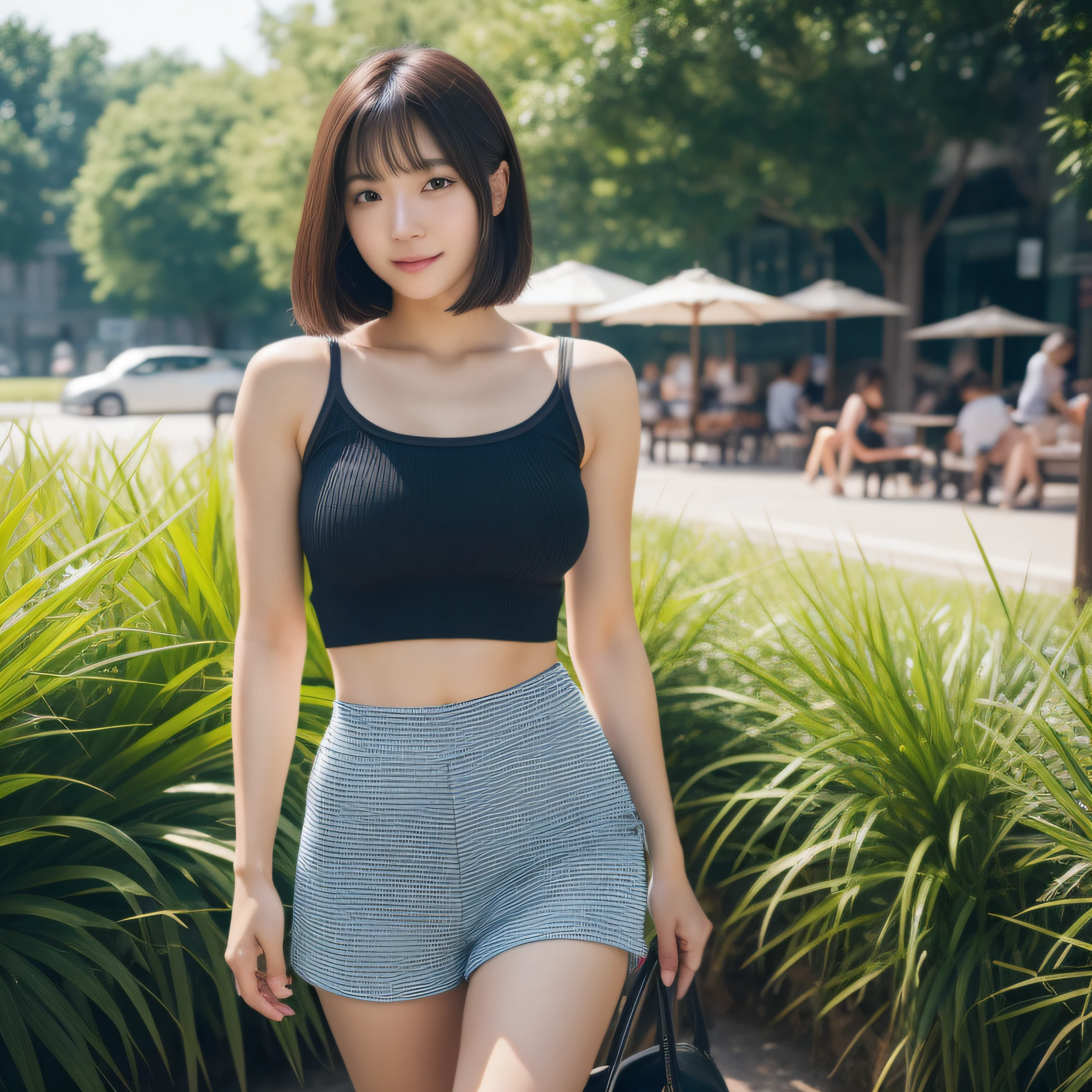 8K, masterpiece, best quality, photo realistic, ultra-detailed, 2 girls, Asian, athletic body, realistic skin texture, 1 girl long hair, 1 girl short hair, (breasts:1.0), (smile:0.8), gaze at viewer, tube top, hot pants shorts, micro mini skirt, movie lighting, face focus, fine eyes, detailed face, well lit face, day light, outdoor cafe in background, nice thighs