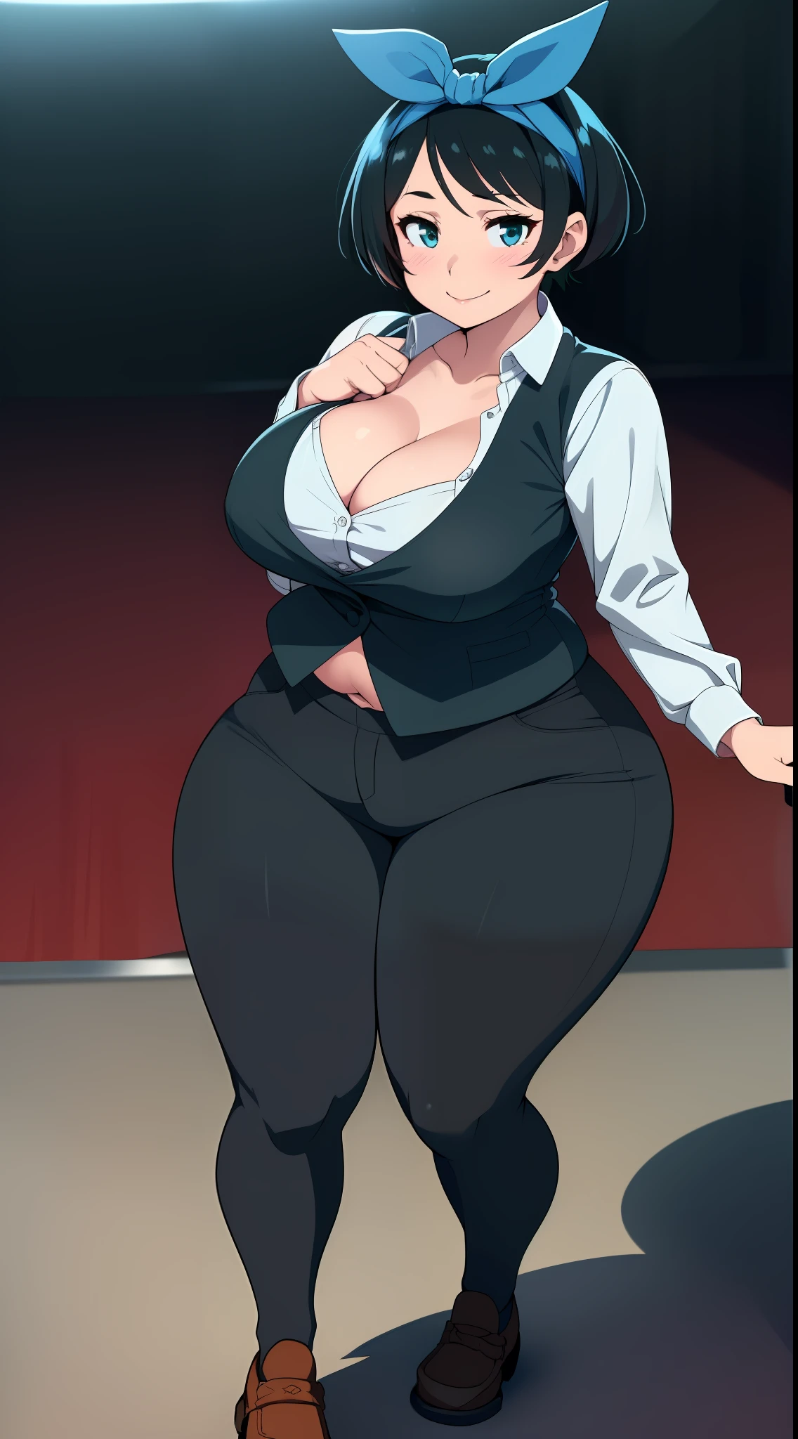 ((((kipteitei art)))), ((highres)),Masterpiece, high quality, best quality, beautiful, perfect lighting, detailed face, ultra cute face, ((1girl)), ((solo), ((((sarashina ruka)))), ((blue hairband)), dress shirt, black vest, black pants, work uniform, (tight clothes), black socks, loafers, looking at viewer, cowboy shot, sexy pose, sweet smile, cute, happy, blush, large breasts, cleavage, perky breasts, (wide hips), ((thick thighs)), pudgy, (chubby female), working at movie theater,