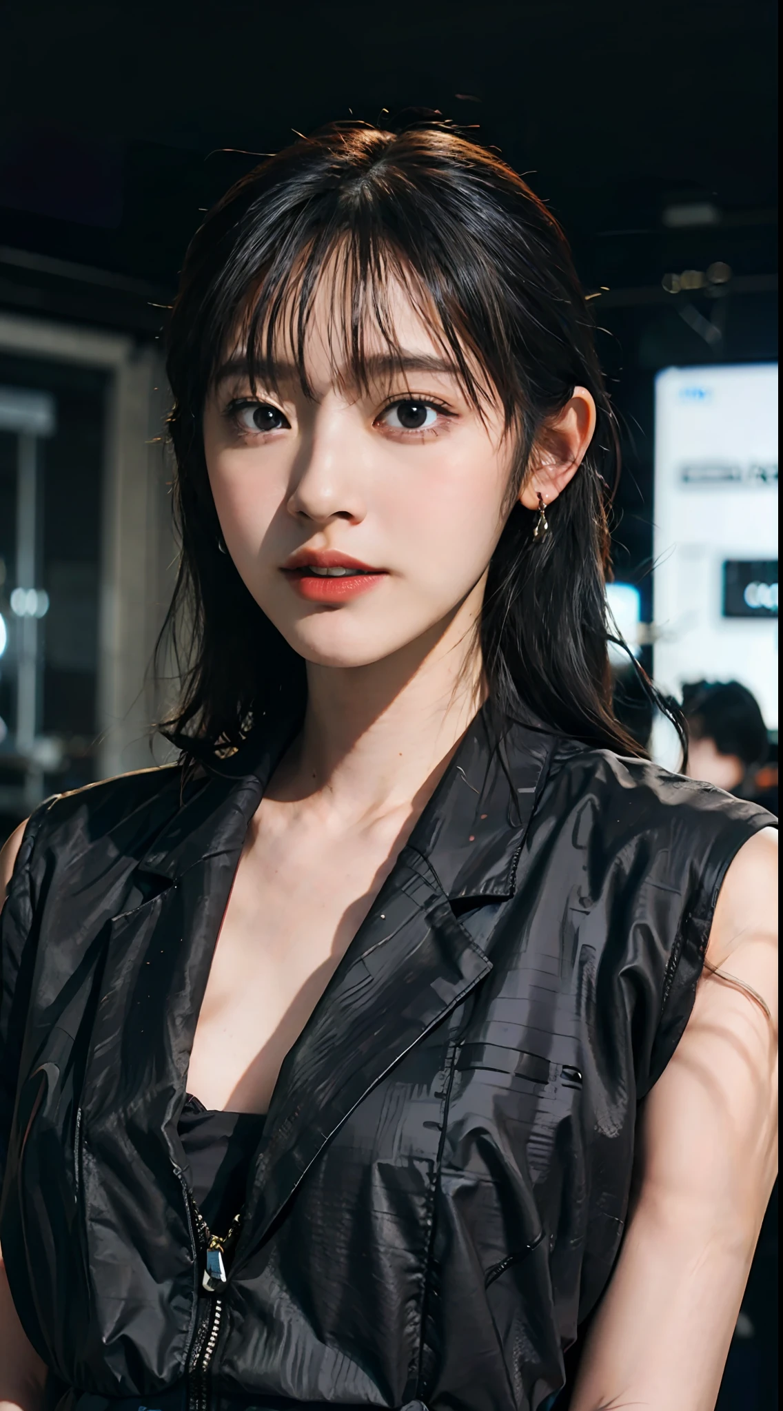 (8k, RAW photo, best quality, masterpiece:1.2), (realistic, photo-realistic:1.37),(Kpop idol), (aegyo sal:1),cute,professional lighting, photon mapping, radiosity, physically-based rendering, cosplay, lucy \(cyberpunk\),bob cut,mechanical parts,grey eyes, black tight suit,cyberpunk city, black pants,night,neon lights,sexy,smoke, looking at viewer,, 8k high resolution, 8k, CG wallpaper, realistic, clear background, medium breasts, full body