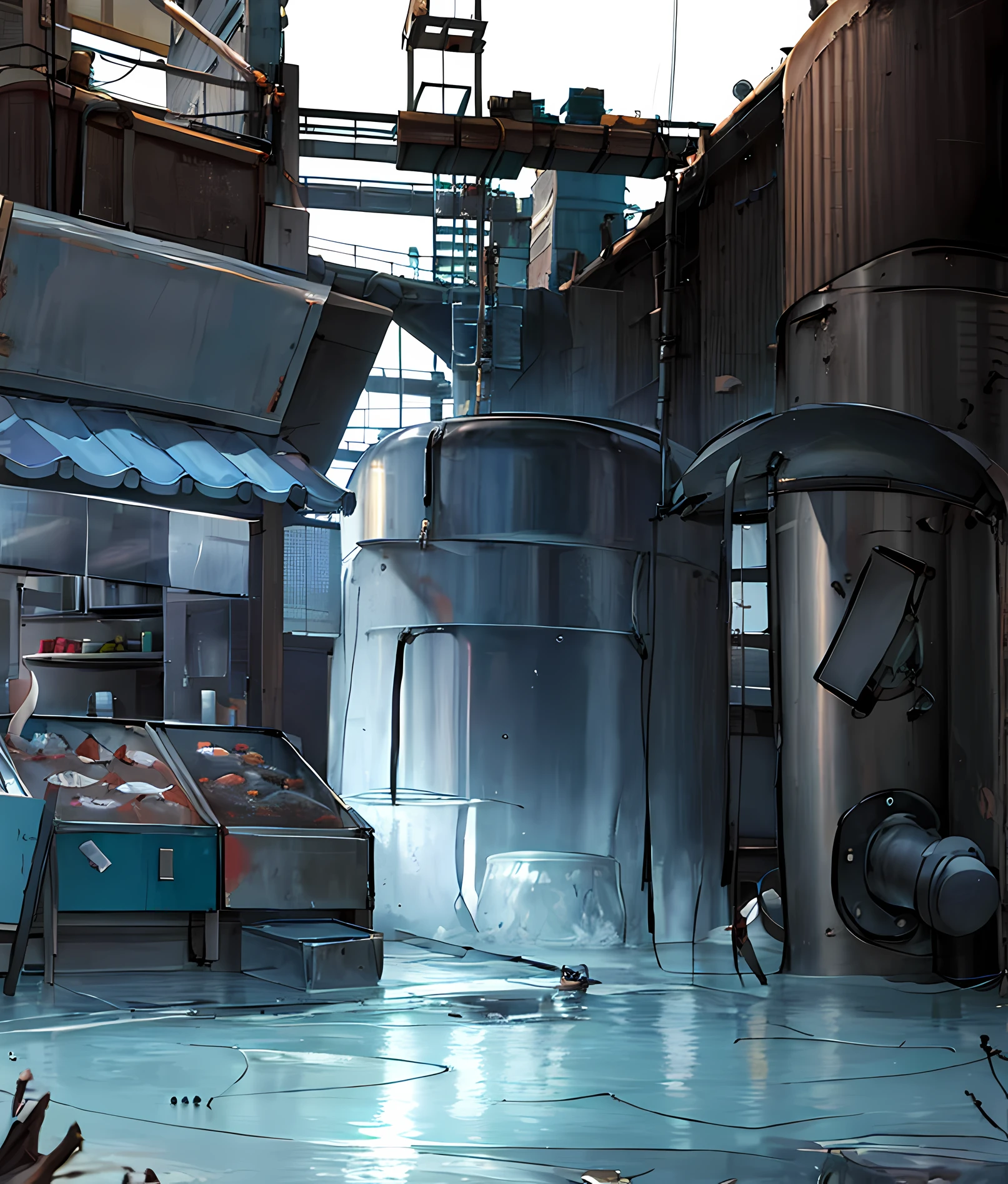 Japanese seafood restaurant,refrigerator, Factory background, concept art for a video game, Post-apocalyptic shop, indie concept art, environment concept, finished concept art,Large water storage tank,The ground is full of water,The water is drained from the jar,A little perspective,high qulity,8K