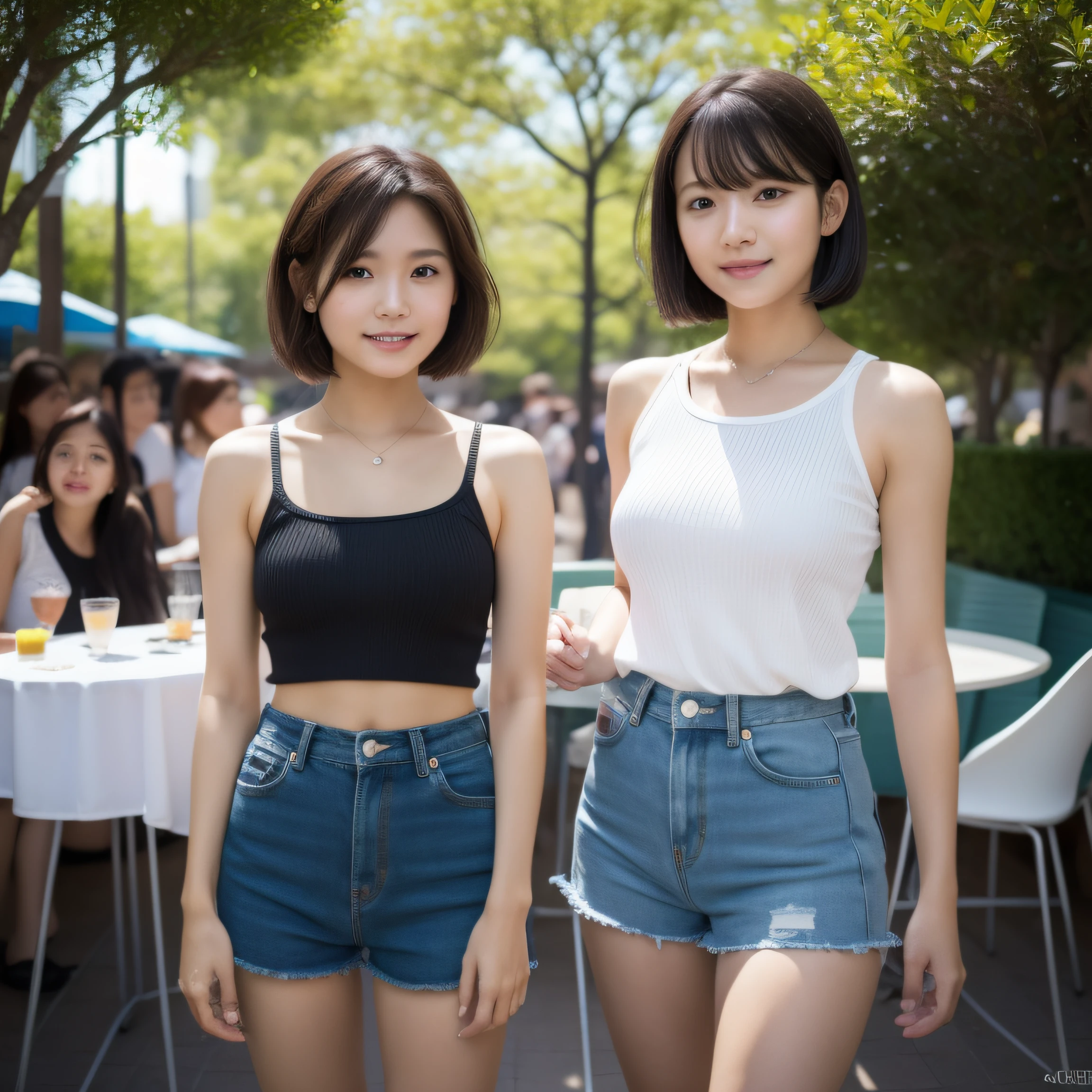 8K, masterpiece, best quality, photo realistic, ultra-detailed, 2 girls, Asian, athletic body, realistic skin texture, 1 girl long hair, 1 girl short hair, (breasts:1.0), (smile:0.8), gaze at viewer, tube top, hot pants shorts, micro mini skirt, movie lighting, face focus, fine eyes, detailed face, well lit face, day light, outdoor cafe in background, nice thighs