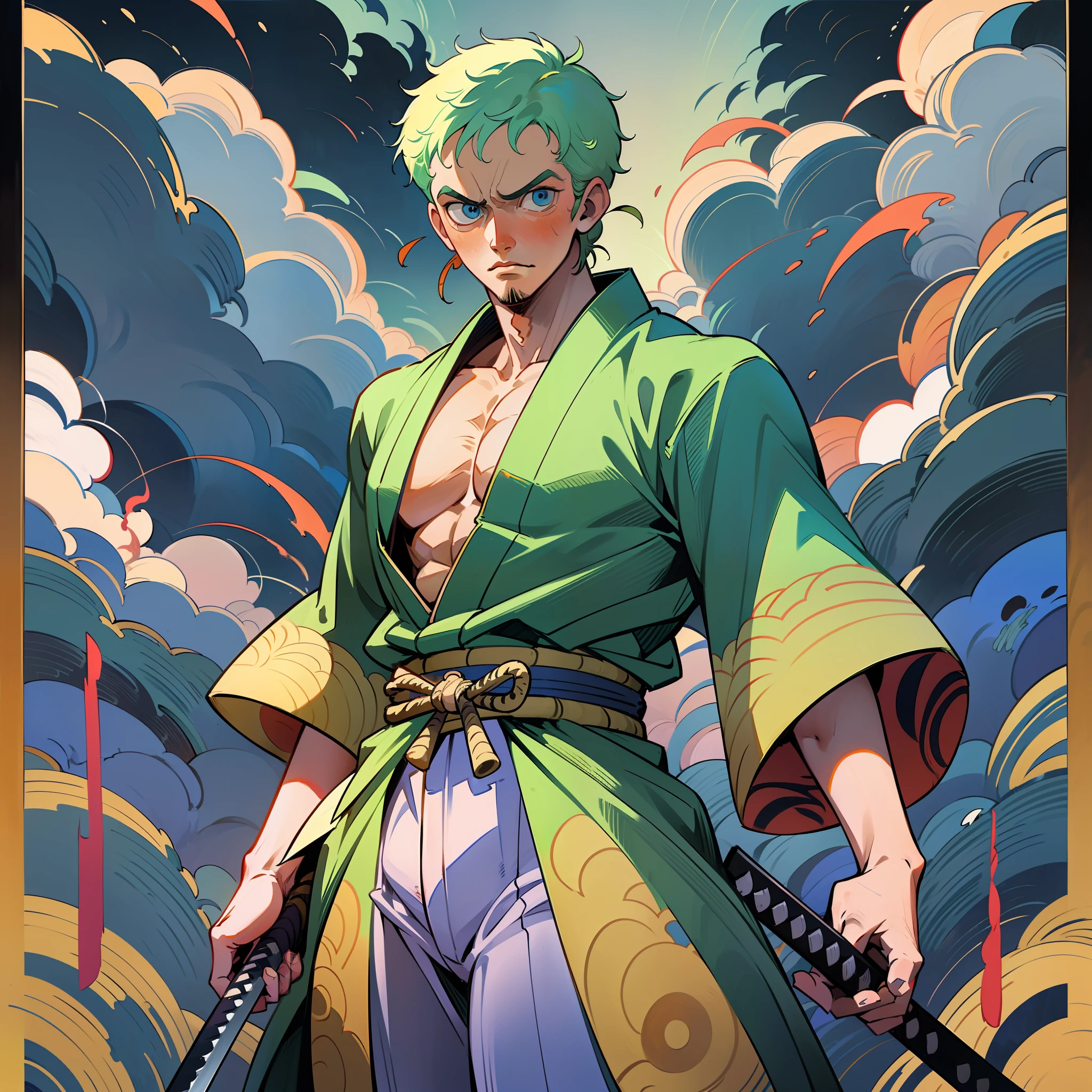 Roronoa Zoro (Masterpiece, 4k resolution, ultra-realistic, very detailed), (Theme of white samurai, charismatic, there is a swordsman next to a Japanese "isakaya" bar, wearing a blue kimono with cloud details on the "obi" track, he is commander of the first division of the leader of the mugiwara band, work "One Piece"), [ ((19 years), (short green hair:1.2),  full body, (blue eyes:1.2), ((Roronoa Zoro's pose), show of strength, unsheathing with one hand his katanas enma), ((Japanese rural environment):0.8)| (rural landscape, at dusk, dynamic lights), (blinded sun)), 1 katana]. # Explanation: Prompt mainly describes a 4k painting of ultra-high definition, very realistic, very detailed. It shows a swordsman, master of the Santoryu style of katanas, wearing a blue kimono with cloud details at the waist band. The subject in the painting is a subject of a white swordsman, holding with one hand his black katana enma, the male protagonist has short green hair, is 19 years old and his entire defined body is shown in the painting, with characteristics of pumped endomorph.