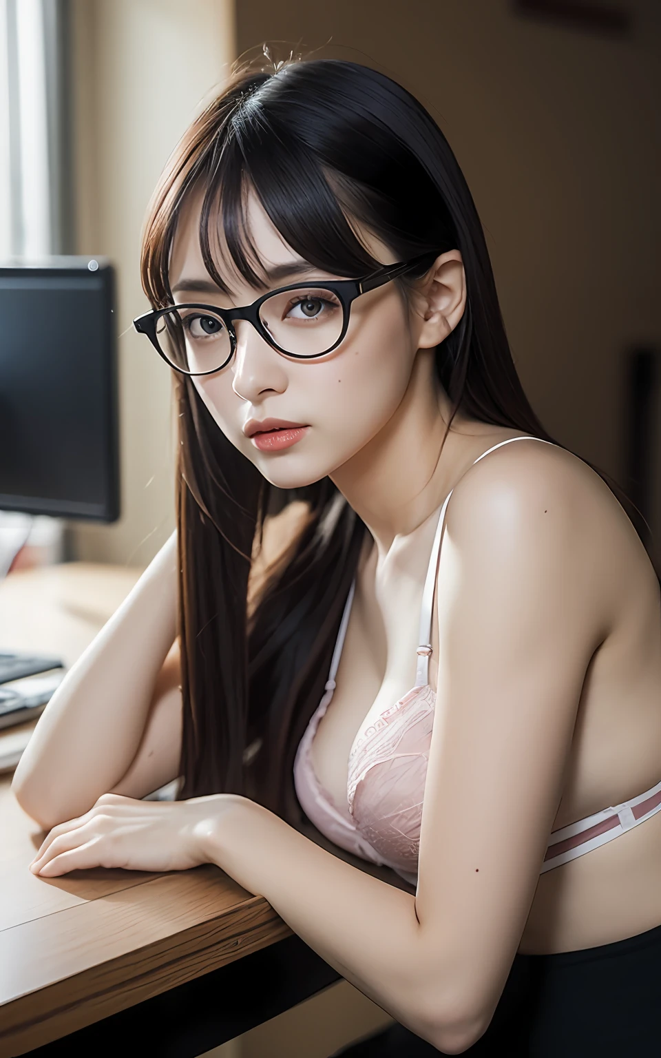 the Extremely Detailed CG Unity 8K Wallpapers, Best Quality, Ultra-detailed, masutepiece, Realistic, photographrealistic, extremely detailed cute girl, 25-years old, (Secretary),, (Glasses), blush, Parted lips,pencil skirts , Half body shot , Office, crowd , (showing bra) , sit on the chair , poneyTail