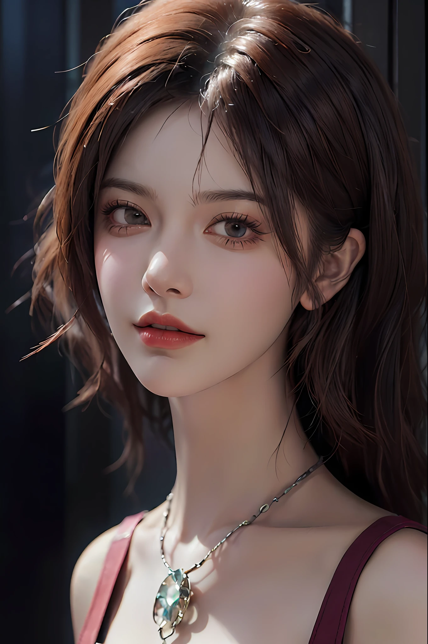 A woman with long hair wearing a necklace and a red dress - SeaArt AI