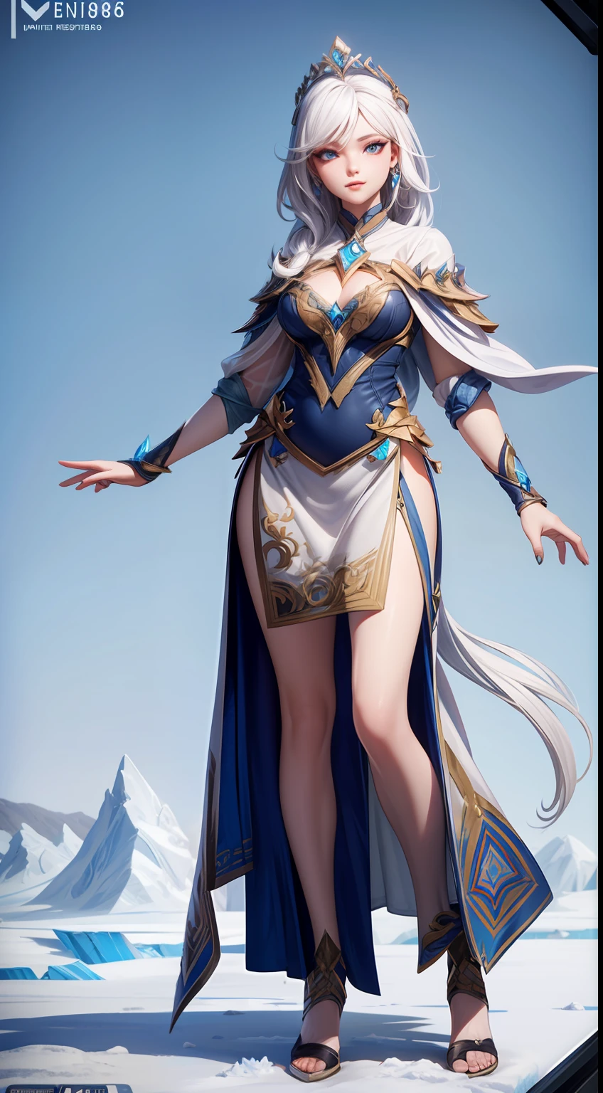 solo, super fine photo, full body photo picture Unreal Engine 5 8K UHD, beautiful girl, white hair, white thin dress, goddess of frost, queen of glacier, fantasy theme, fantasy design, beautiful make up, best quality, masterpiece, unified 8k wallpaper, super detailed, sharp focus.
