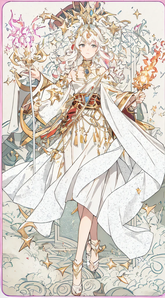 multicolored hair,curlies,long whitr hair,goddes,Holding a beautifully crafted Flame Staff in his hand,Sparkling light effects,Floating gesture