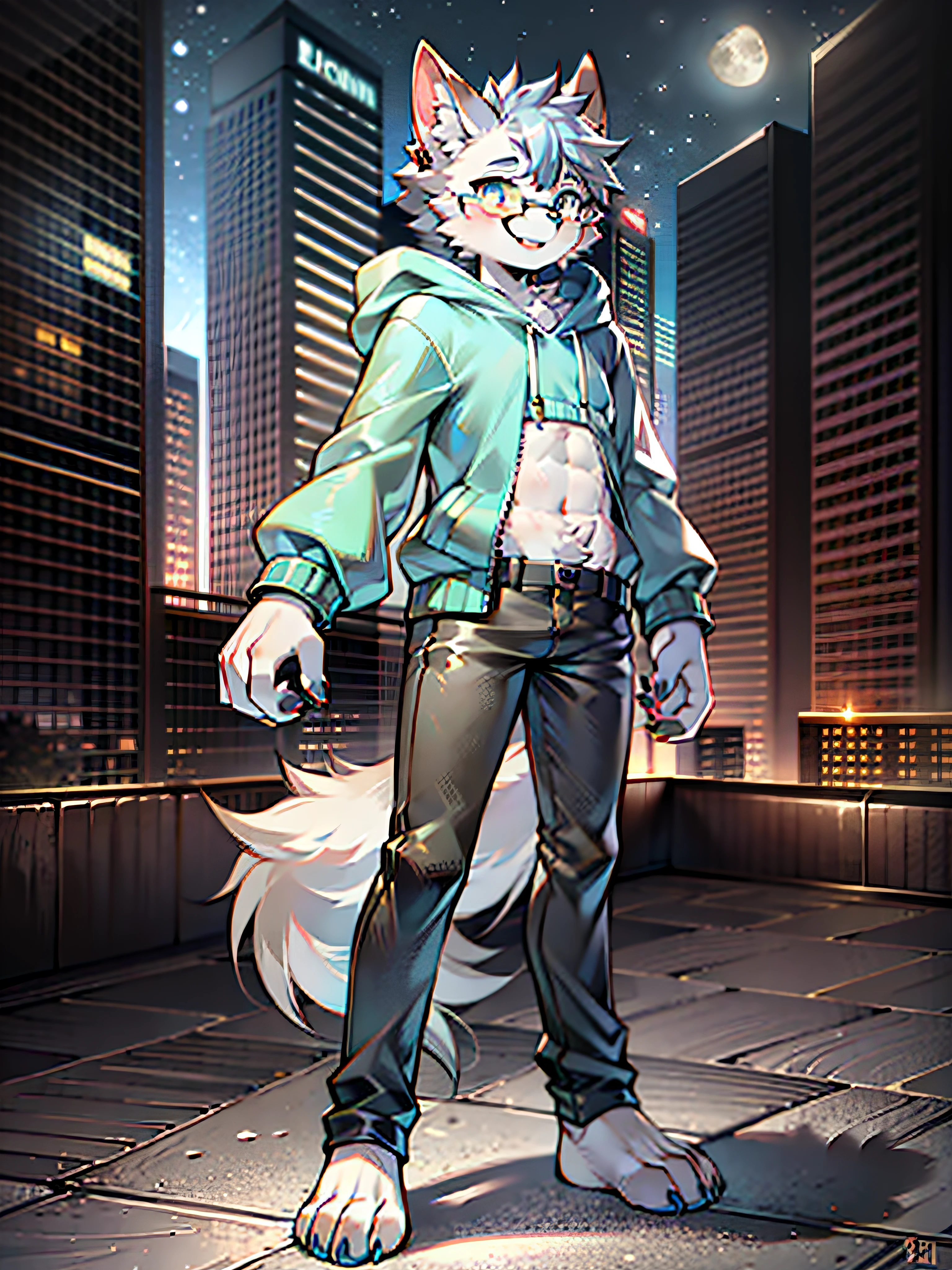 High Picture Quality,Modern city penthouse,potted,Night moon background,Single player,Wolf animal human form,No spot,male figure,Full body standing painting,Cute face,short detailed hair,Dark gray fur,Square frame rounded glasses,Wolf ears,Light gray ear roots,Light red ear tips,The right ear has a notch,Deep blue pupils,Hairy wolf tail,Deep gray tail root,White tail tip,Dark gray big arm,White forearm,Hands naturally droop,The limbs are wolf paws,4 white fingers,4 white toes,Look to the left,Happy expression,Height 1.92 meters,Sky blue hoodie,The cuffs roll up to reveal the big arms,Scratches on the left upper arm are exposed,black long pants,stand posture。