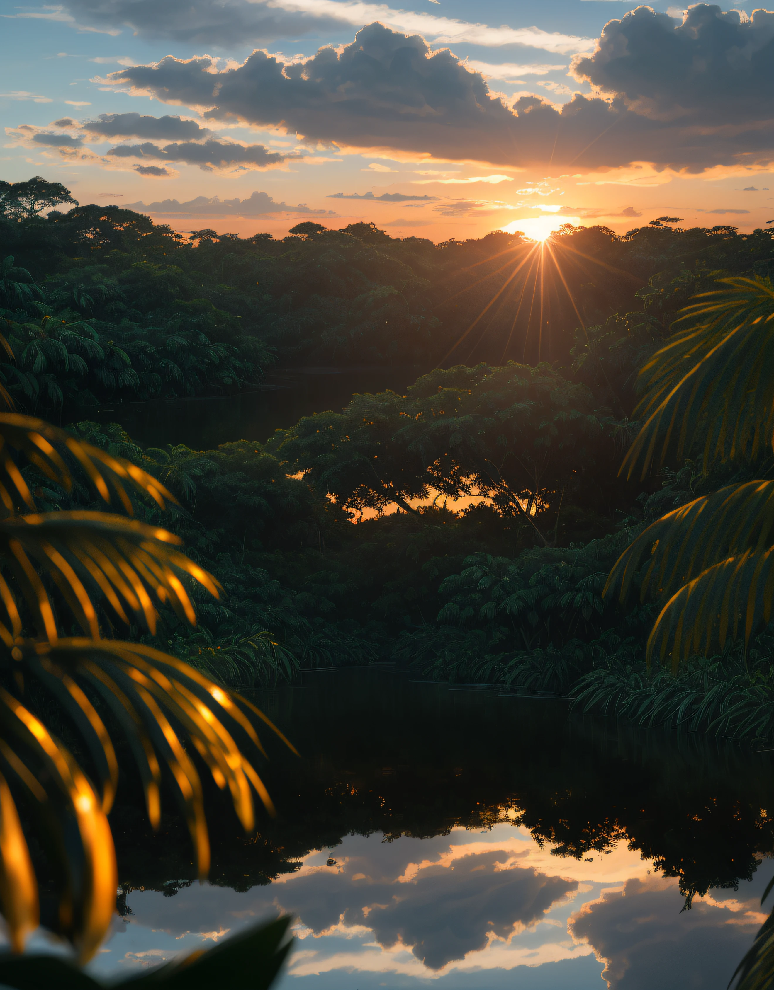 por-do-sol na floresta amazonica, fotografia premiada, Bokeh, profundidade de campo, HDR, florescer, chromatic aberration, fotorrealista, extremamente detalhado, trending in artstation, trend in CGSociety, intrincado, High detail, Arte por Midjourne, Hora de Ouro, sky with clouds, ju