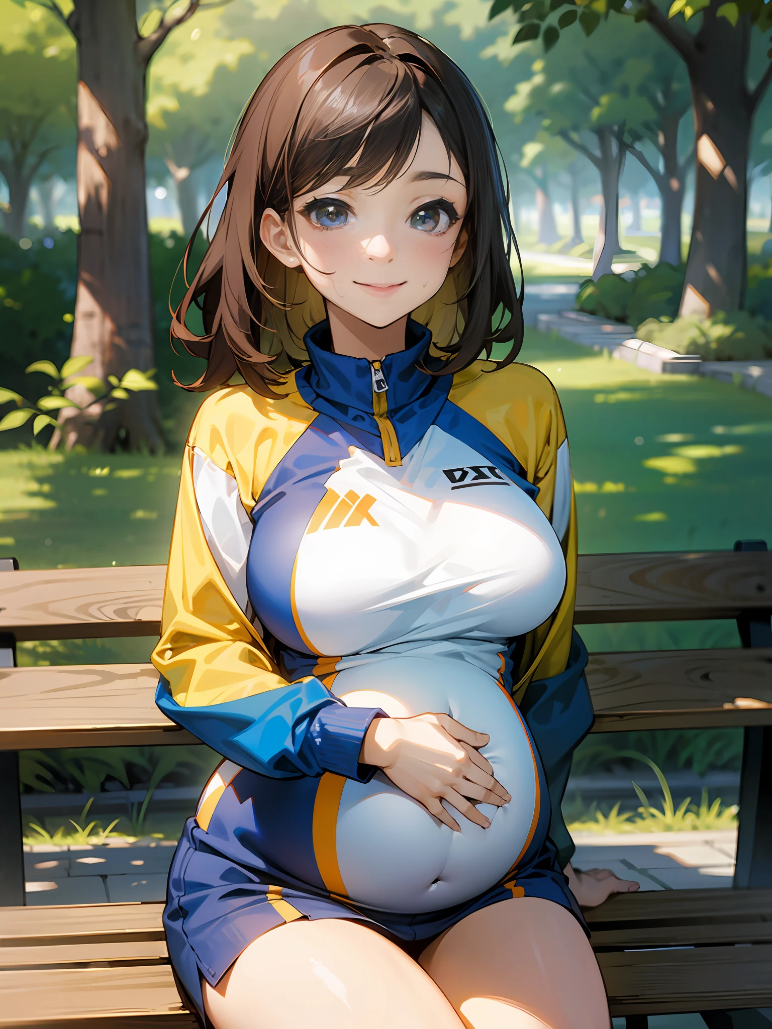 Pixiv style, A high resolution, Hyper-realistic, Anime style, 4K, A woman who is. Japanese high school student sitting on a bench in the park. High school sportswear. sweatshirts. Shoot sideways from diagonally. The woman looked up at me，Smile with your mouth closed. The woman's face is written very precisely. medium hair length. Slightly larger breasts. Women with a model-like body type. Extremely precisely drawn female eyes. Beautiful female face. Two legs. Two arms. Five fingers to write，extremely precise, A park in tranquil Japan with fresh greenery.pregnant belly，pregnant women with，a navel