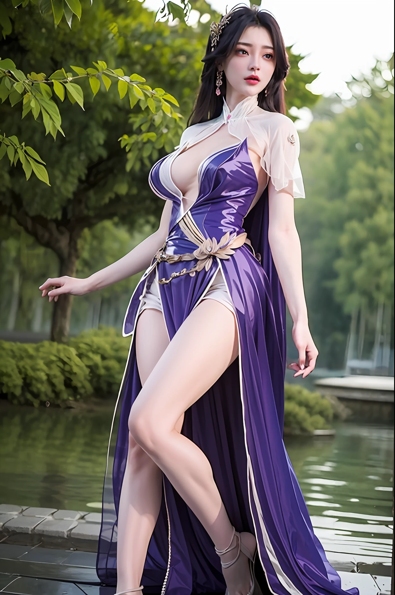 masterpiece, 1girl, Yun Xi, best quality, realistic, ultra detail, purple clothes, full body, perfect body,