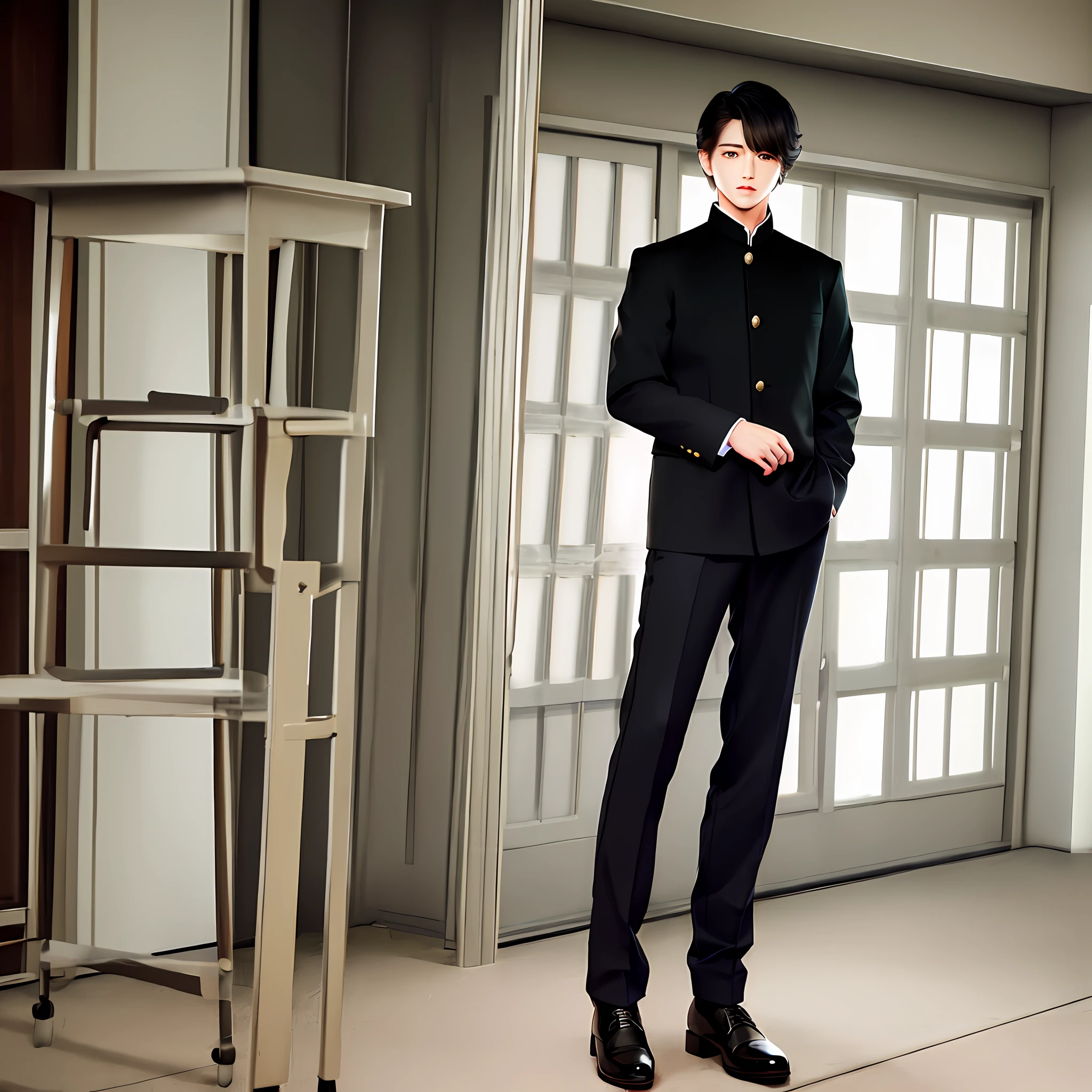 nffsw、masterpiece、top-quality、sharp、Contrasty、Realistic drawing、Tall black-haired Regent Hairman、shorth hair、
School run、Man standing crossed in black gakuran and pants、Man of Xueran、Golden button、The Gakuran Front is open