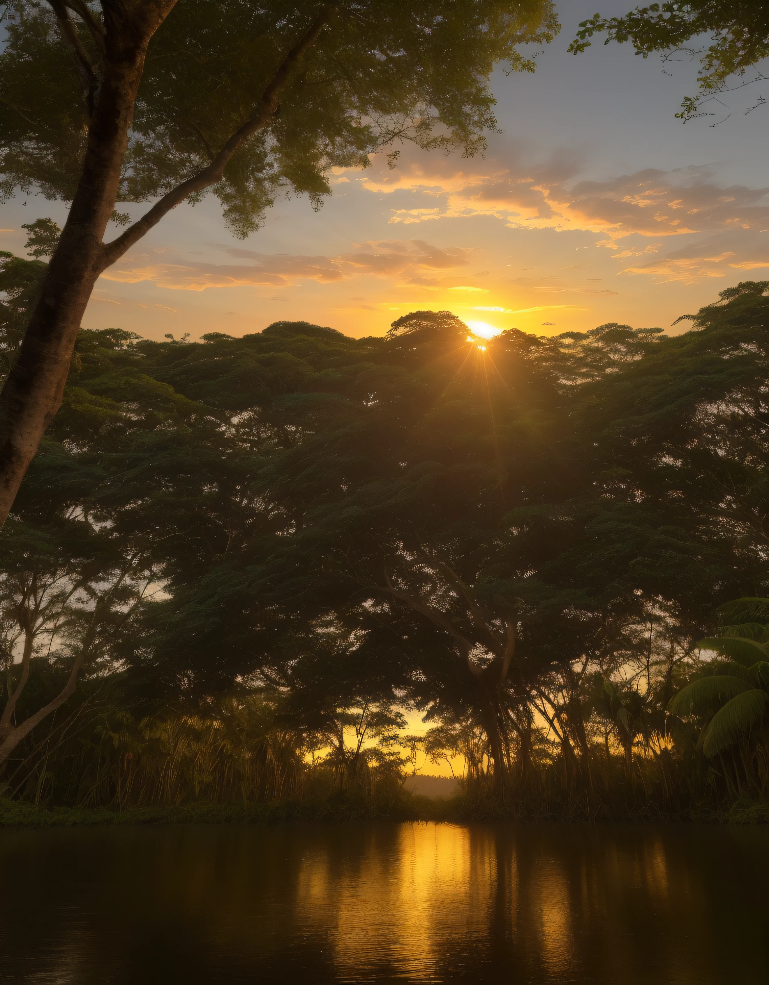por-do-sol na floresta amazonica, fotografia premiada, Bokeh, profundidade de campo, HDR, florescer, chromatic aberration, fotorrealista, extremamente detalhado, trending in artstation, trend in CGSociety, intrincado, High detail, Arte por Midjourne, Hora de Ouro, sky with clouds