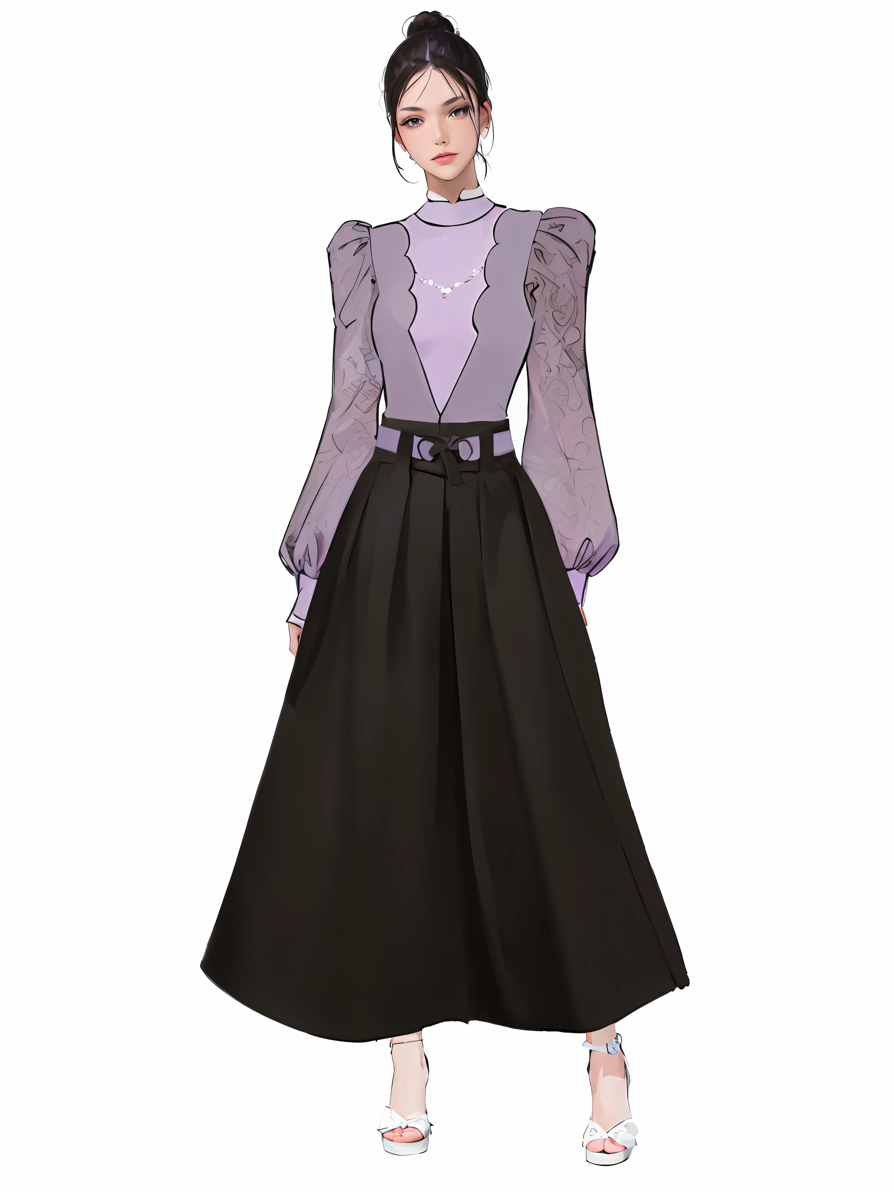 A woman in a purple blouse and a black skirt stands, digital art of an elegant, Femme, clothing design, Women's long skirt, detailed fashion illustration, dressed in long fluent skirt, feminine outfit, Purple and black clothes, high-waist-black-skirt, intricate hakama, rendering, wide leg hakama trousers, avant designer uniform, Puff sleeve - IW2