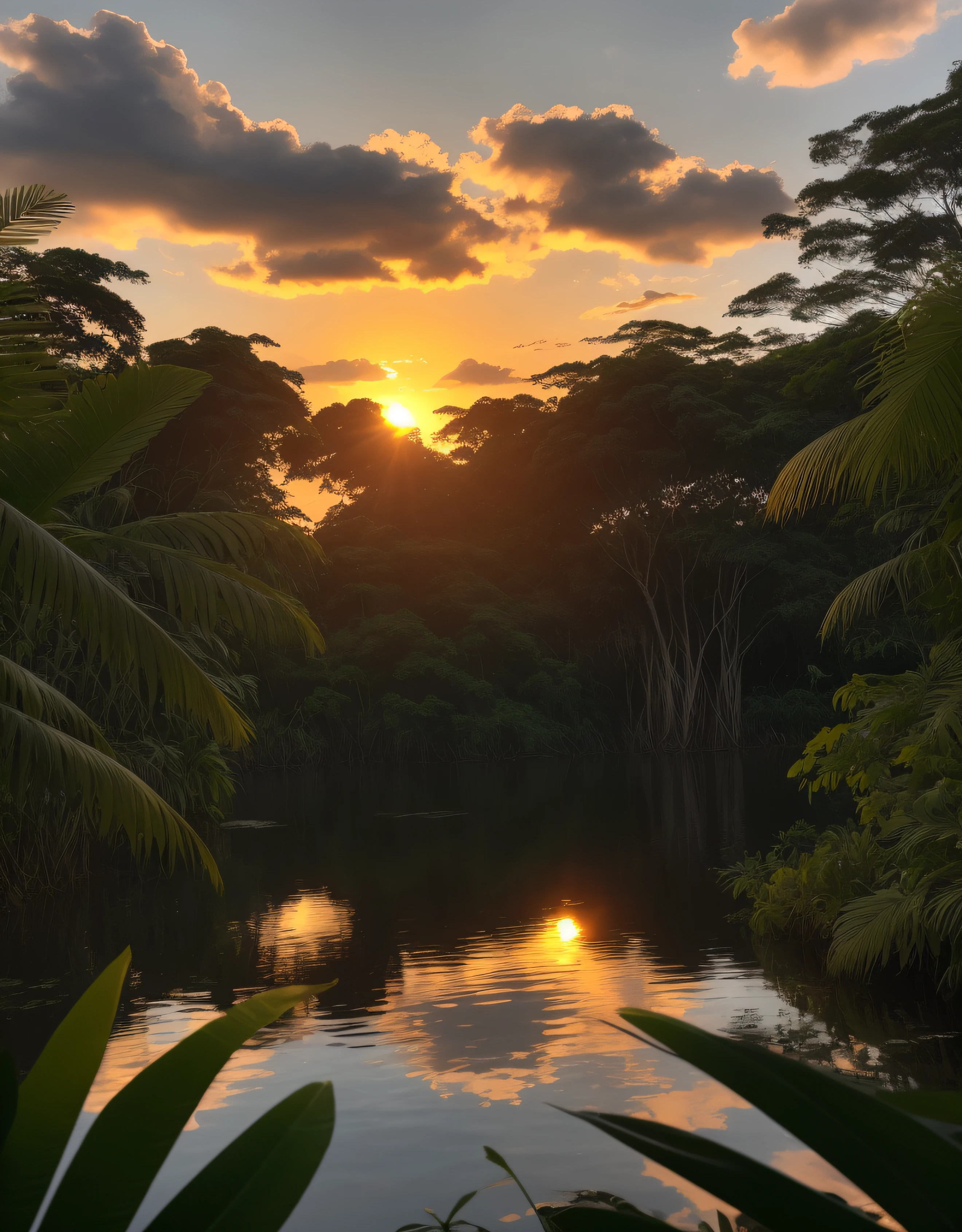 por-do-sol na floresta amazonica, fotografia premiada, Bokeh, profundidade de campo, HDR, florescer, chromatic aberration, fotorrealista, extremamente detalhado, trending in artstation, trend in CGSociety, intrincado, High detail, Arte por Midjourne, Hora de Ouro, sky with clouds