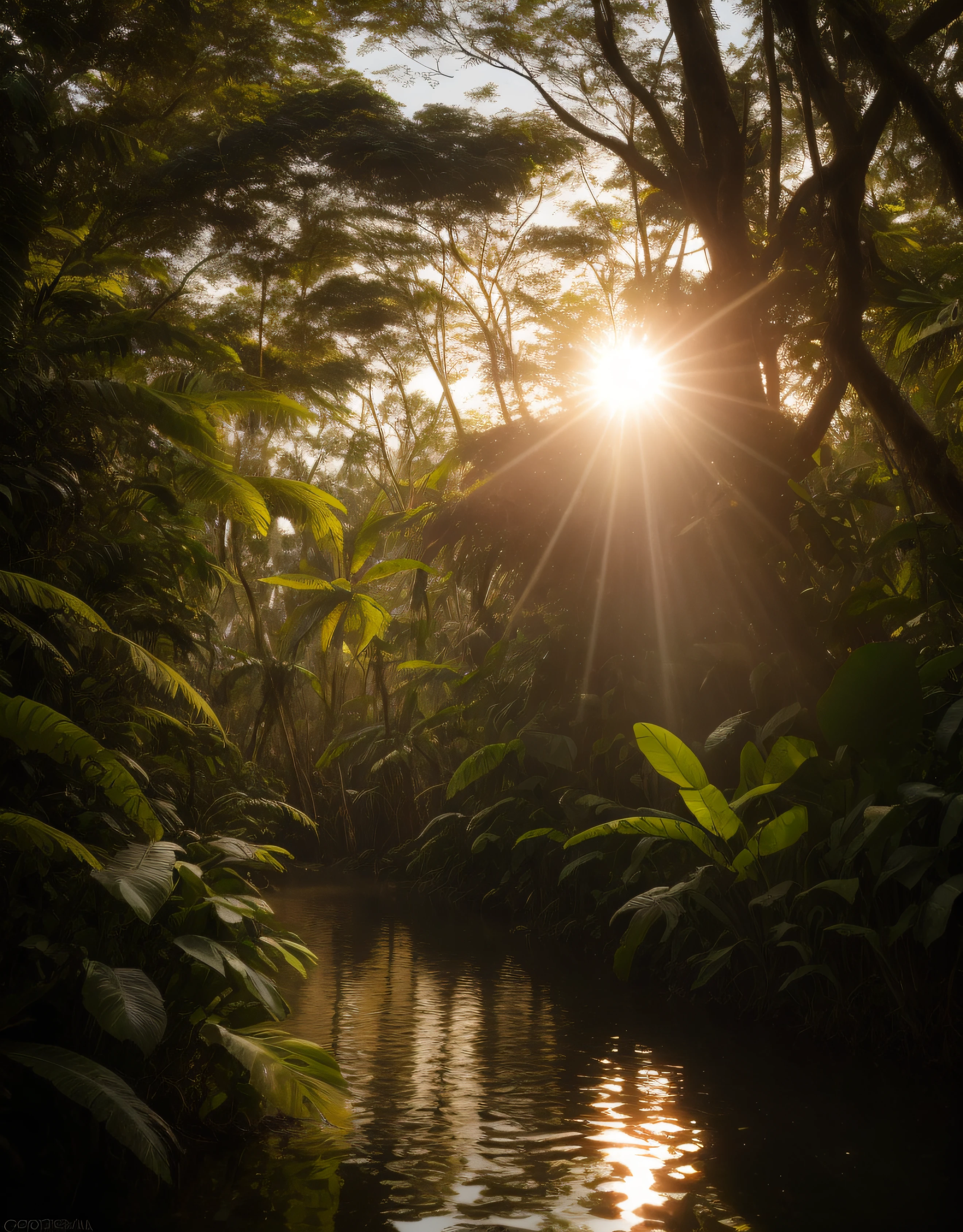 por-do-sol na floresta amazonica, fotografia premiada, Bokeh, profundidade de campo, HDR, florescer, chromatic aberration, fotorrealista, extremamente detalhado, trending in artstation, trend in CGSociety, intrincado, High detail, Arte por Midjourne, hora de ouro