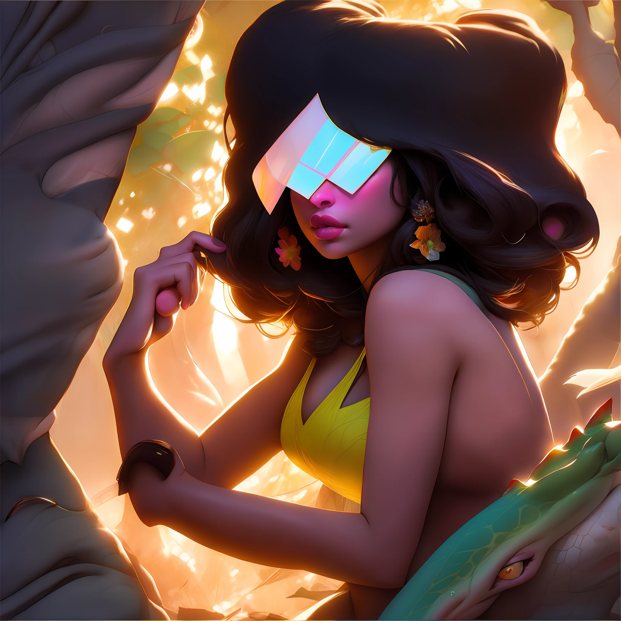 8k portrait of a beautiful woman, black curly hair in the shape of a square, lunettes cachant ses yeux, pouty lips, complexe, elegant, highly detailed, majestueux, digital photography, Art by Artgerm and Ruan Jia and Greg Rutkowski surrealist painting, Jungle, (Masterpiece, side lighting, finely detailed beautiful eyes: 1.2), Hdr,  corps entier, Gisants, nuage, colourfull, lizard tail,  Back shaft -