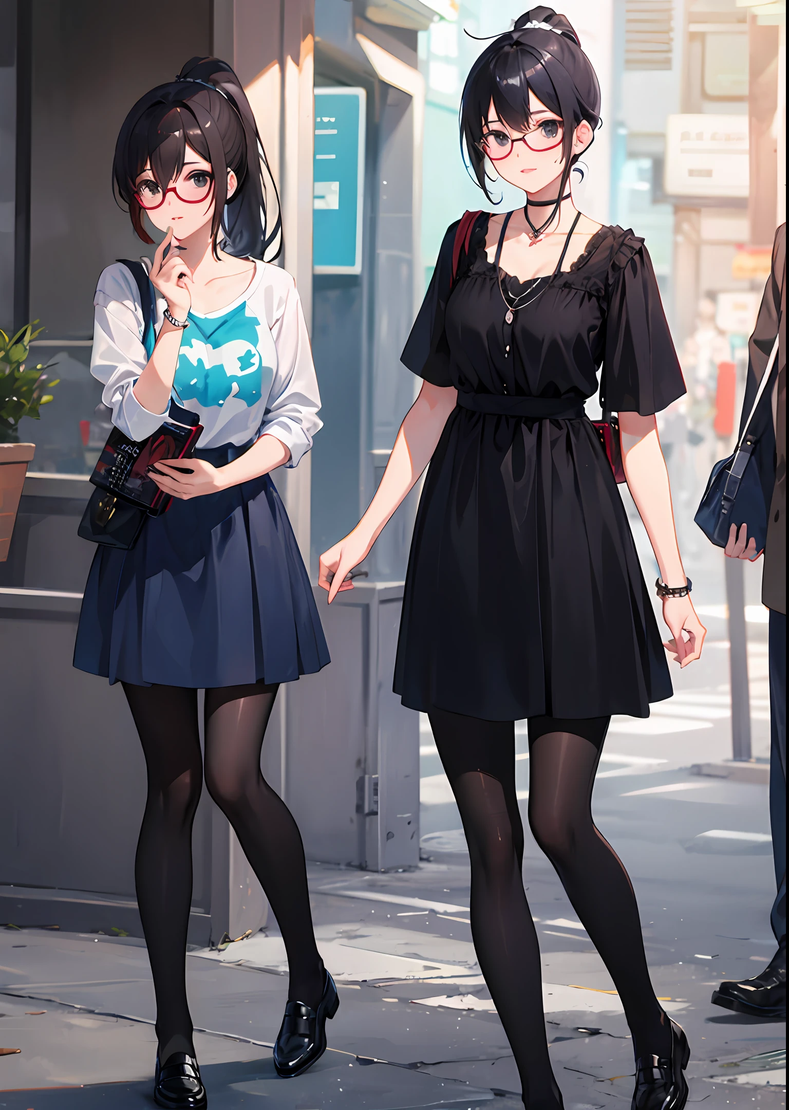 High ponytail glasses, black eyes, black hair, teenage pantyhose