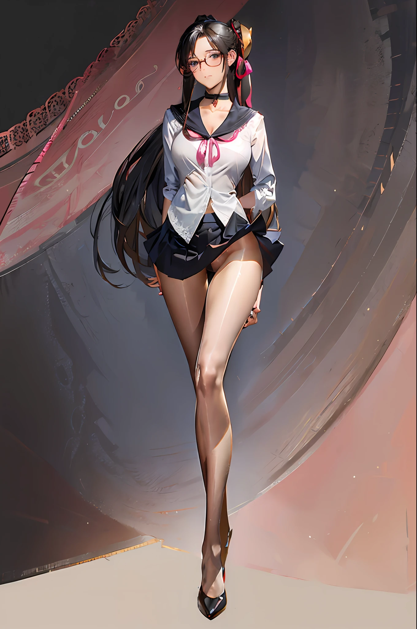 Mature and beautiful,Wealthy aristocratic family,flustered, full blush, view the viewer,Ultra-detailed CG,Exquisite facial features,Clear facial expressions,Detailed digital anime art,Digital anime art,High quality anime art style, (Masterpiece), Best quality, Perfect face, ((1girll)), Mature woman, Leaning forward, ((Very long gray hair)), High ponytail, extremely giant breasts, Hanging breasts, cleavage, Narrow waist, ((Mini school uniform, ribbon:1.2)), Wearing glasses, ((Superskirt:1.5)), choker necklace, Very small shirt, Transparent shirt, ((Pink skirt:1.2)), ((The skirt was blown away)), ((Mini tight skirt: 1.5)), ((full body:1.5)), High heels, Garters, ((Lace stockings:1.2)), ((Long and slender legs)), Beautiful legs,Erotic,Seductive pose, ((show underwear, show panties:1.2)),accidental exposure, Expose breasts,((standing:1.2)), (Open legs:1.2), ((low angle shot))