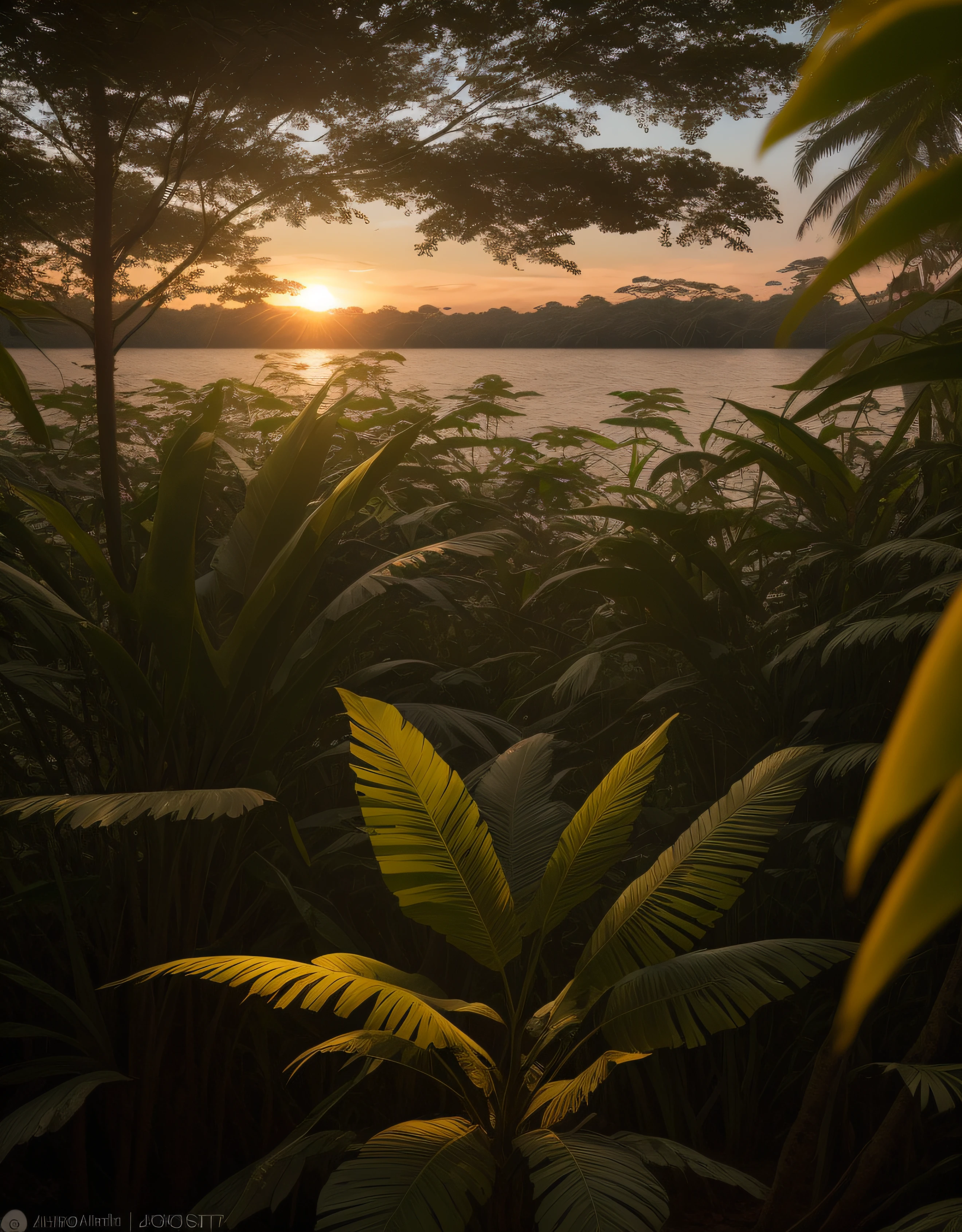 por-do-sol na floresta amazonica, fotografia premiada, Bokeh, profundidade de campo, HDR, florescer, chromatic aberration, fotorrealista, extremamente detalhado, trending in artstation, trend in CGSociety, intrincado, High detail, Arte por Midjourne