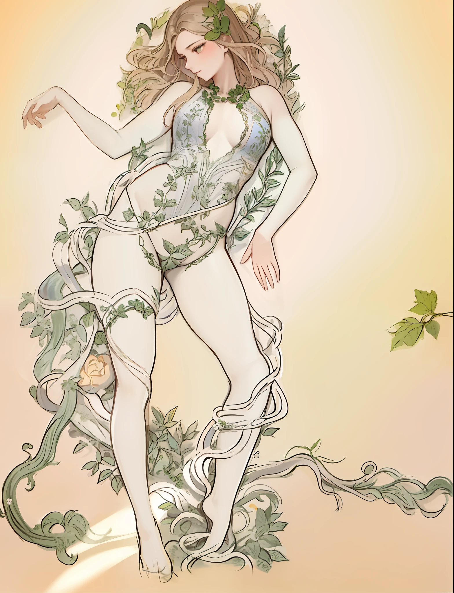 tmasterpiece，超高分辨率，Close-up of a beautiful woman，Her body was wrapped with green vines，A beautiful goddess with delicate skin,There is no clothing on him except Green Vine，ren， full figured mother earth, goddess of nature,  hyperrealistic art nouveau,  art-deco， Fantastic dreams，A masterpiece of perfect art，