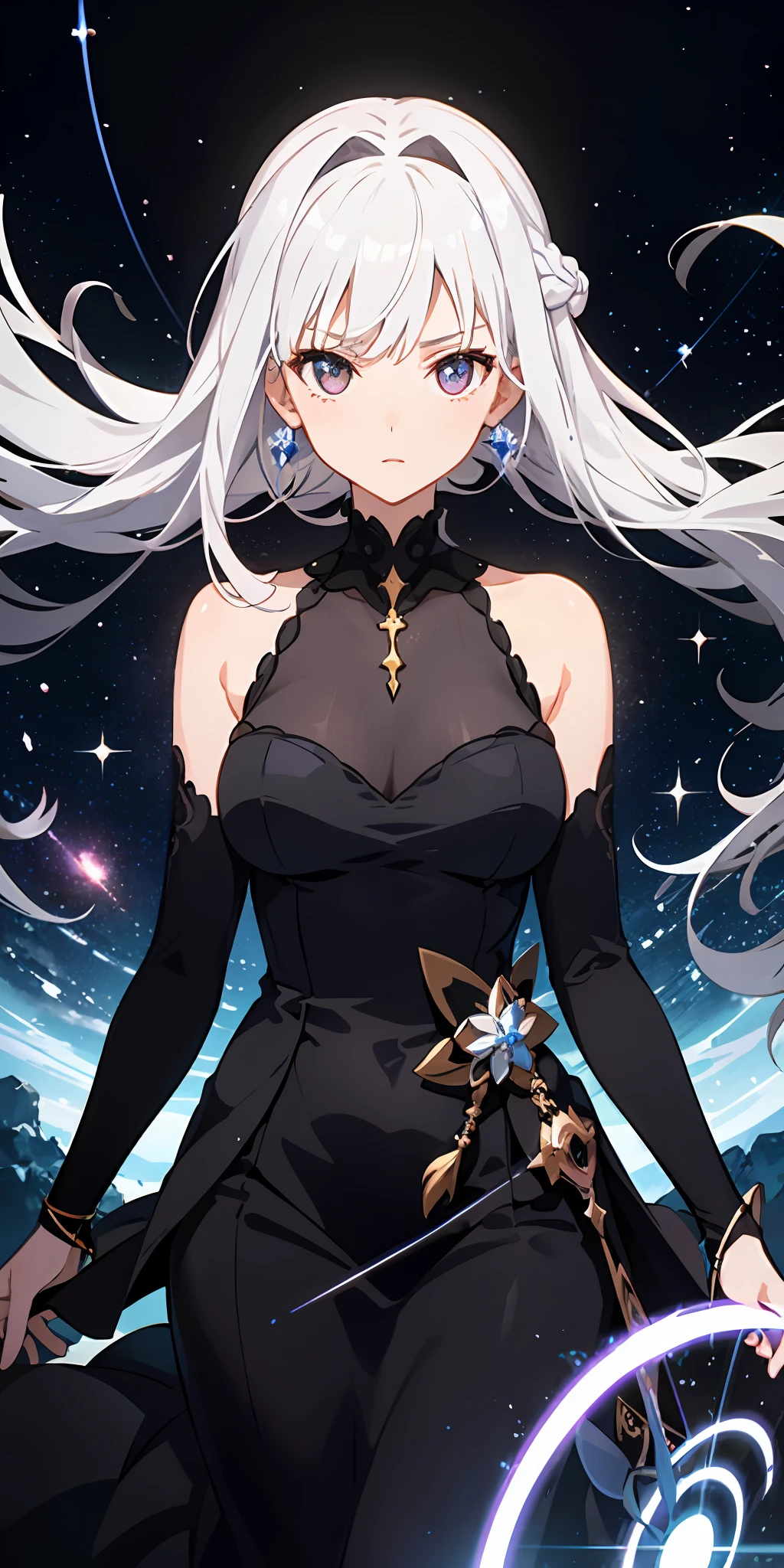 extremely delicate and beautiful girl, extremely delicate and beautiful girl, Kyoto Animation Style, Kyoto Animation Style, Animated,  length hair, Side braid, Purple hair,  Hair like molten metal, Authentic and detailed face, White eyes, blanche_Dress, spark of light, Bright and fine black hole accretion disk, Surreal, the Extremely Detailed CG Unity 8K Wallpapers, ultra-detailliert, very precise details,