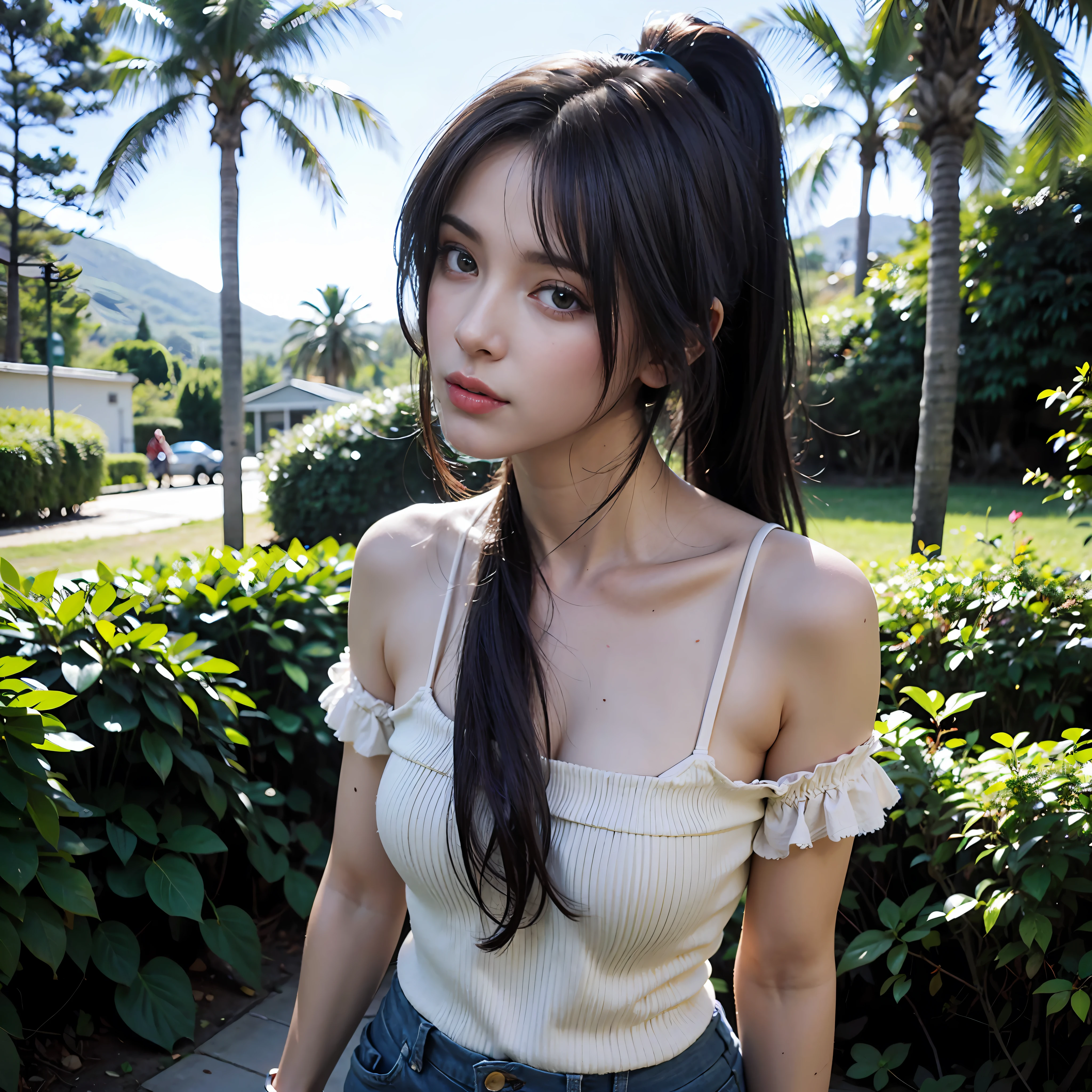 (Mejor calidad, high resolusion, obra maestra: 1.4), una mujer alta y perfecta con una hermosa figura, en un bosque lleno de arboles de cerezo, (cabello largo morado, ropa negra), cabello muy largo ponytail, (((ponytail))), {{{ponytail}}}, (((long hair))), multicolored hair, vestida sexy reveladora, disparo de cuerpo completo, detalles de la textura de la cara y la piel bellamente presentados, ojos detallados, 二重まぶた, pose sexy, realista, pechos gigantescos:1.4, Gargantilla, dedo del pie de camello, Cameltoe, en forma de :1.4), (botas largas, tacones altos), falda corta con plieges, V-String bragas: 1.4, bragas tiradas hacia un lado