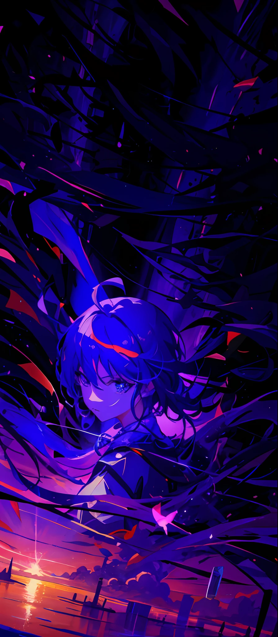 Abstract purple and blue painting of a purple and blue cosmic girl, Estilo de arte ufotable, estilo anime 4K, Anime Art Wallpaper 8K, arte abstrata de anime, Anime Art Wallpaper 4K, Anime Art Wallpaper 4K, Digital anime illustration, arte oficial, ufotable studio art style, Anime Wallpaper 4k, 4k anime wallpapers, Papel de parede anime 4k