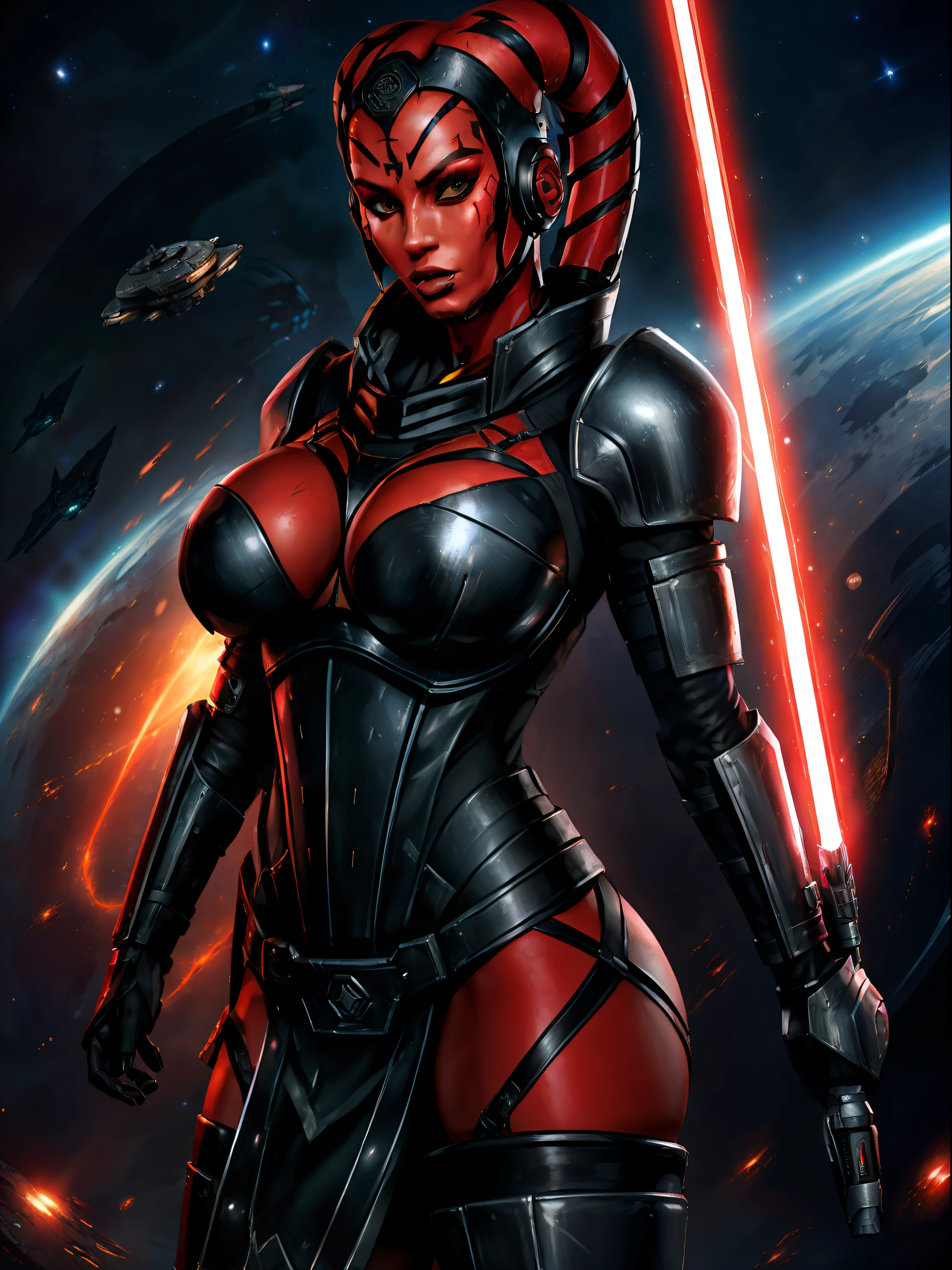 ((armor)), , ((red skin), twi'lek), dual red lightsabers, evil space knight, space ninja, (wearing heavy black armor, robesck stealth armor, breastplatic, tabard, cowl, cloak, body glove, straps, buckles, skirts, long sleeves, fantasy, ((armor))), ((busty), slender thin, slim sexy body, slim waist(gigantic breasts))), Imperial staStar Wars,