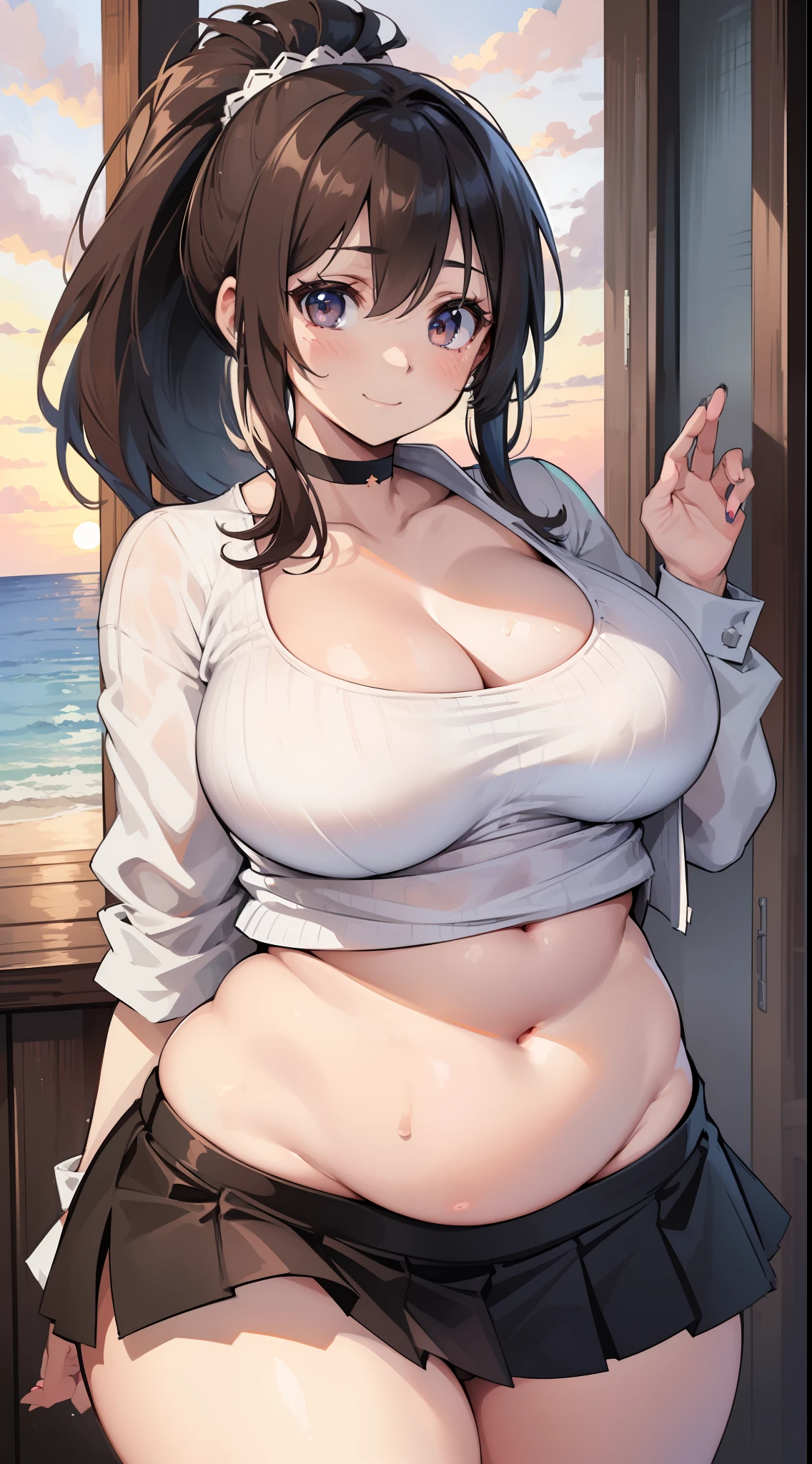 ((masterpiece)), (((best quality))), ((ultra-detailed)), (((illustration))), detailed face, ultra cute face, detailed body, ((1girl)), ((solo)), medium hair, (brown hair), ponytail, (fluffy hair), blue hair tie, brown eyes, smile, blush, looking at viewer, cowboy shot, sexy pose, walking in a suburb, evening, sunset, choker, (black mini skirt), (white crop top), medium breasts, cleavage, perky breasts, ((Thicc)), curvy, ((wide hips)), (thick thighs), pudgy belly, (belly hang), (chubby female),
