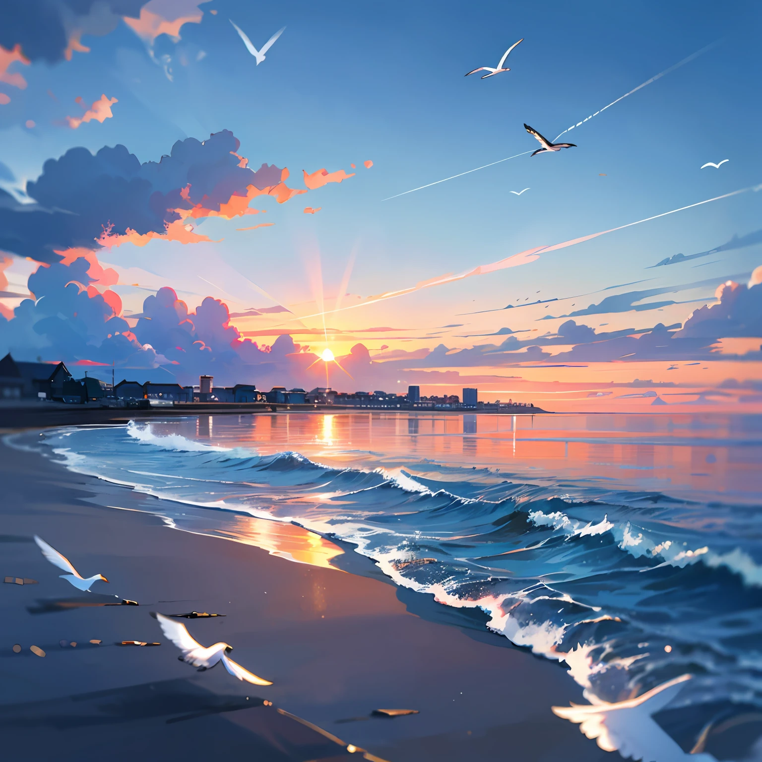 Small town by the sea，blue open sky，White clouds float，Seagulls soar，Sunset。 --auto