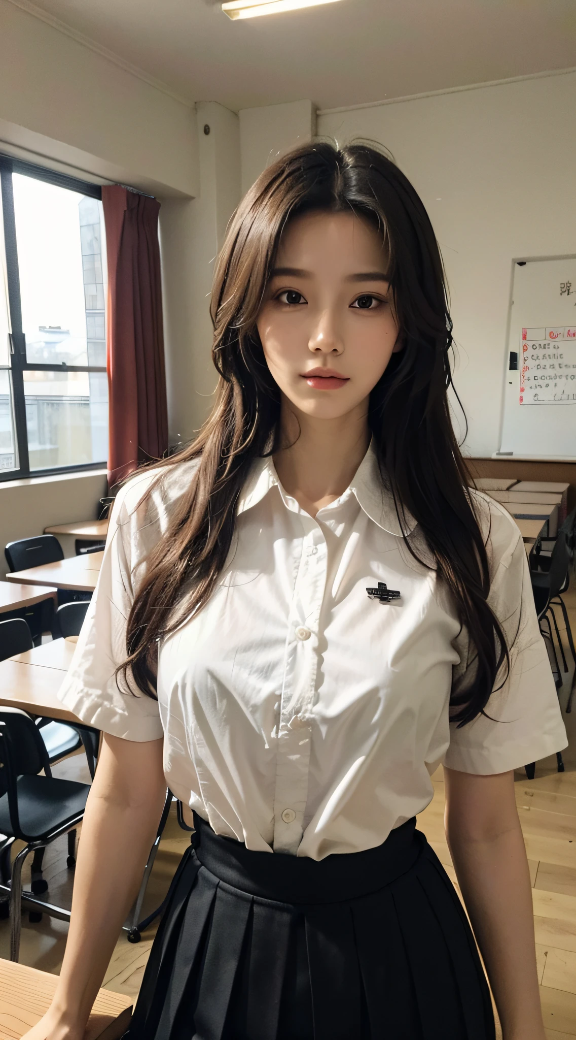(best qualtiy,A high resolution,tmasterpiece:1.3),A tall and beautiful woman,Slender abs,Dark brown hair in loose wavy styling,huge ,whitet-shirt,a black pleated skirt,(classroom in background),The details in the facial and skin textures are beautifully rendered,Detailed eyes,二重まぶた