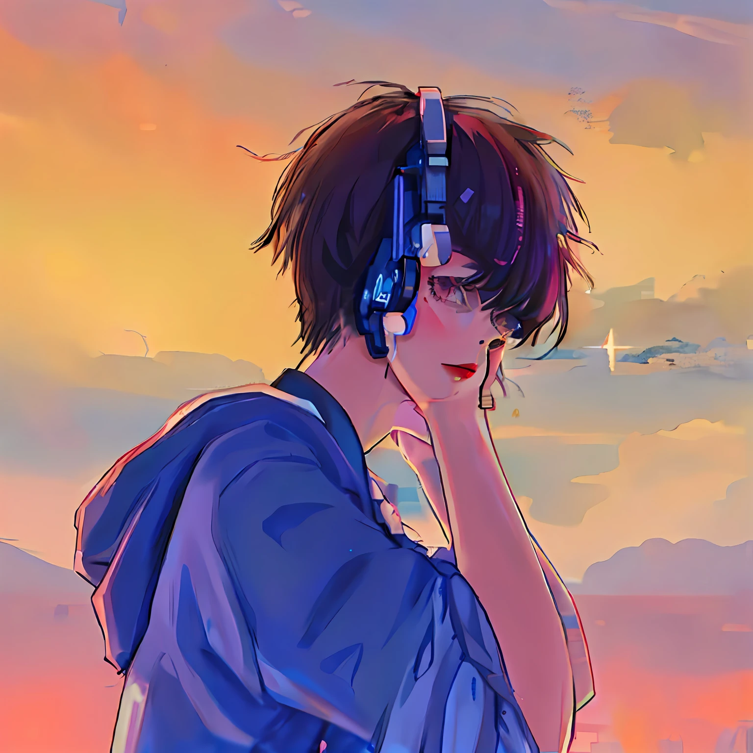 Anime girl with long hair wearing headphones looking at the sky, Praise Artstyle, anime vibes, animeaesthetic, lofi feel, lofi aesthetics, style of anime4 K, lofi portrait, Lofi art, lofi vibes, Anime boy, animeaesthetic, Anime style. 8K, lofi hip hop, lofi vibe, lofi, with headphone