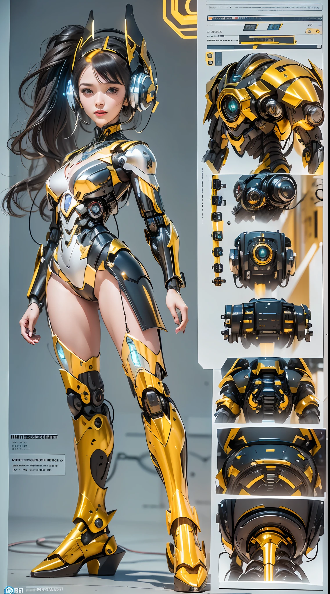 1girll,Perfect facial features,delicated face,Mecha,(cyber punk perssonage:1.3),Put on a black-gold titanium mech,Bring headphones,shelmet,Super complex helmets and headphones,Illuminated helmet and headphones,glowing jewelry,Glowing earrings,Glowing necklace,inside in room,Electronic wire background,best qualtiy,tmasterpiece,Movie filter presets,movie level lighting,c4d渲染,rendering by octane,Realistic metal surface,((Brushed metal surface texture)),((with light glowing)),Glow,(fully body photo:1.5),(Mechanical heels),High chiaroscuro,
